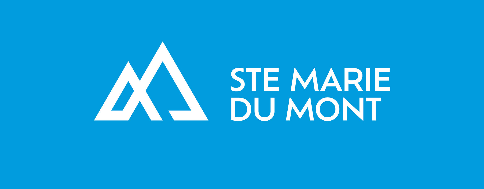 White logo on blue background