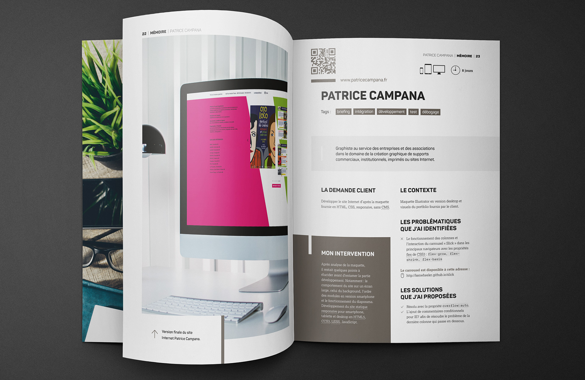 Inside double page presenting the web project of a client of the agency