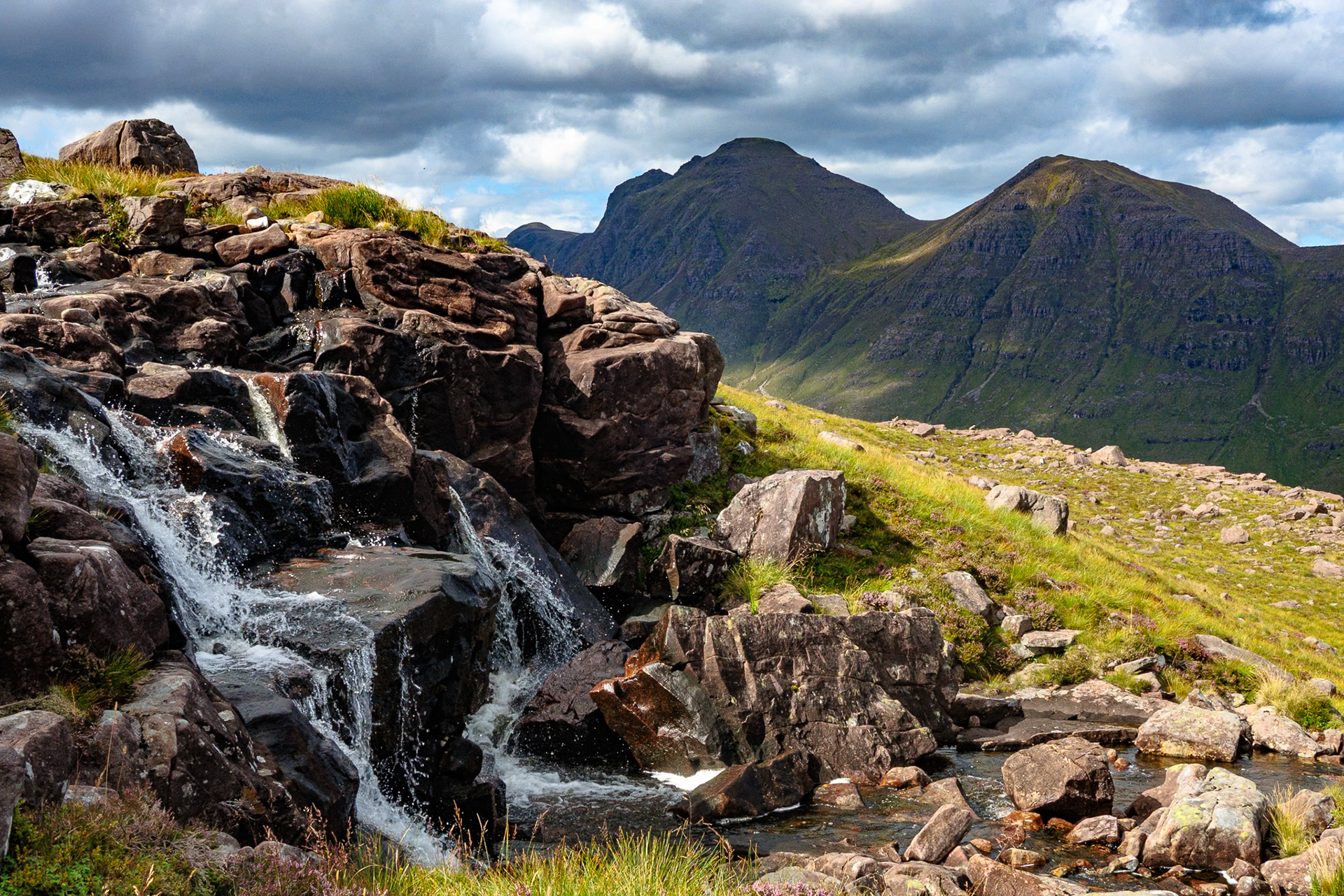 Water cascade in the Toriddon Mountains, Wester Ross, Scotland.