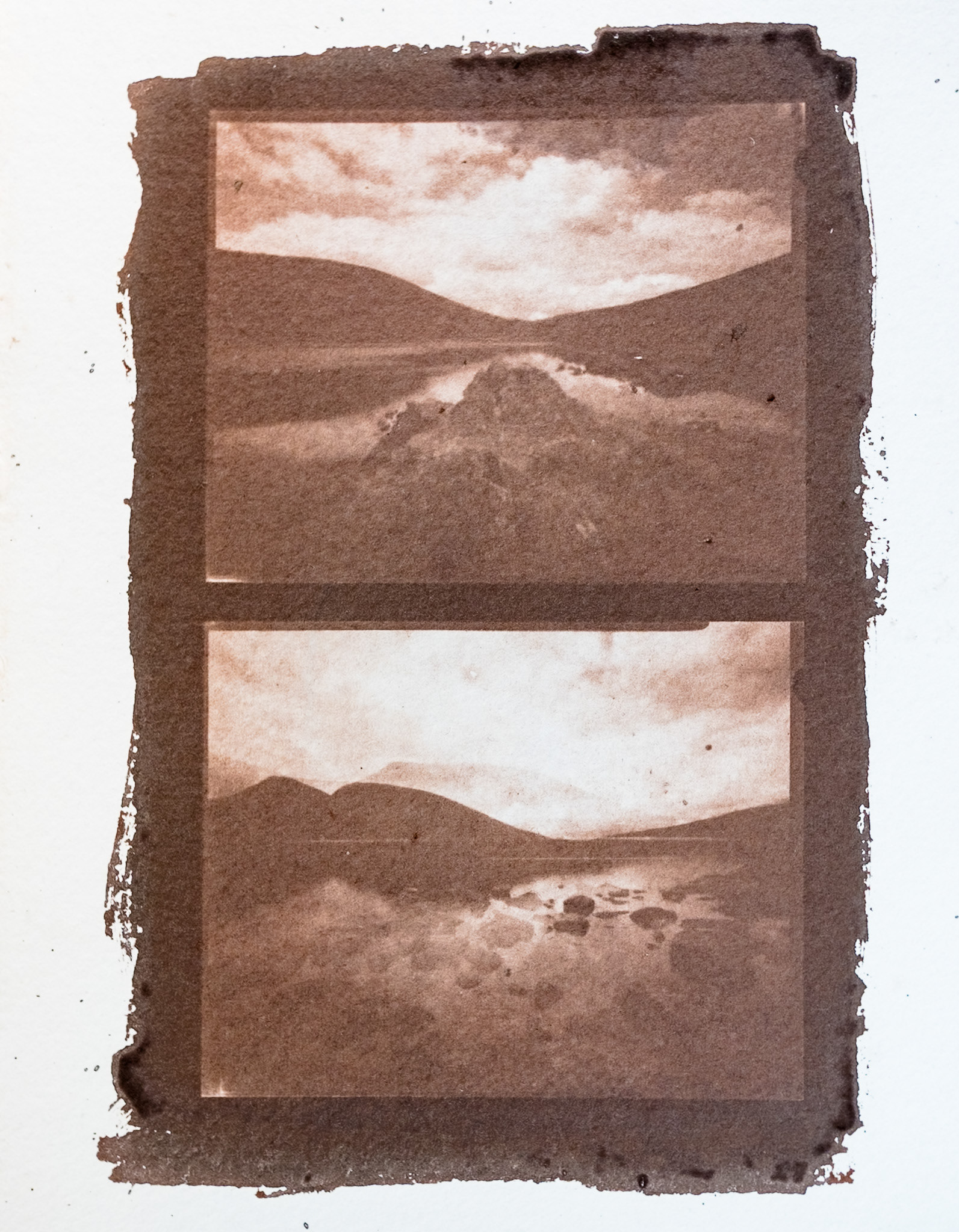 A vertical dyptic of two fine art argyrotype prints. Both images are a deep brown colour and both show views of Grisedale tarn in the Lake District.