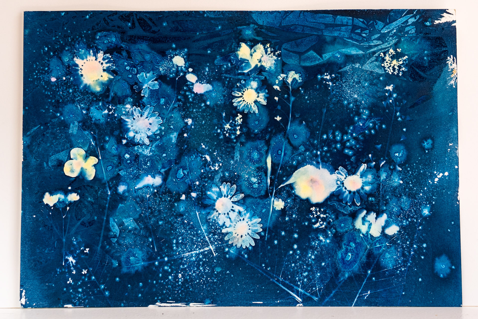 Wet cyanotype hand toned with dyes and food colouring. Small dried flowers have been utilised to create a floral themed print with a traditional Prussian blue base colour.