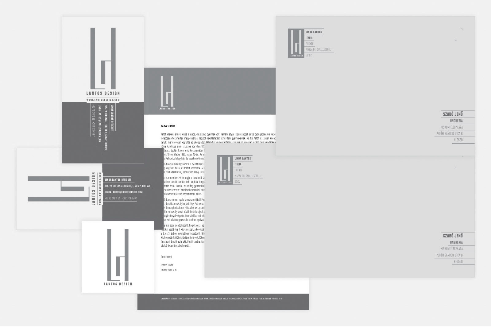Full identity guide in grayscale. Part of project “Lantos Design” [RJ 0054]: Identity guide for Hungarian designer Linda Lantos.