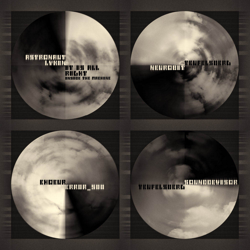 All four inlay pages of the PDF booklet showing performers and track titles. Part of project “Radarstation 2” [RJ 0049]: CD cover art and inlay design of an experimental electronic album.