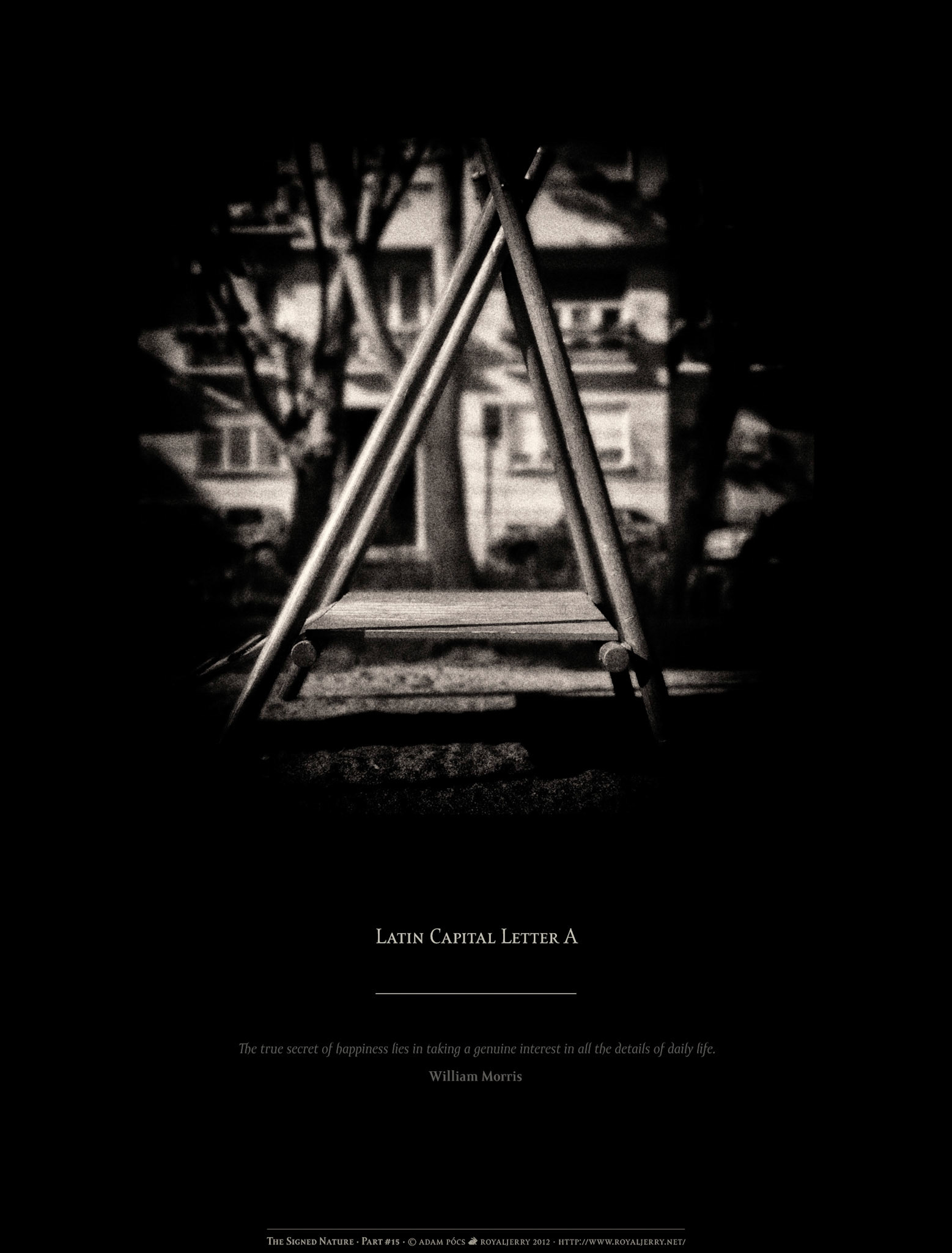 LATIN CAPITAL LETTER A [U+0041]. Part of project “The Signed Nature” [RJ 0036+]: Typographic poster designs with photos of letters.