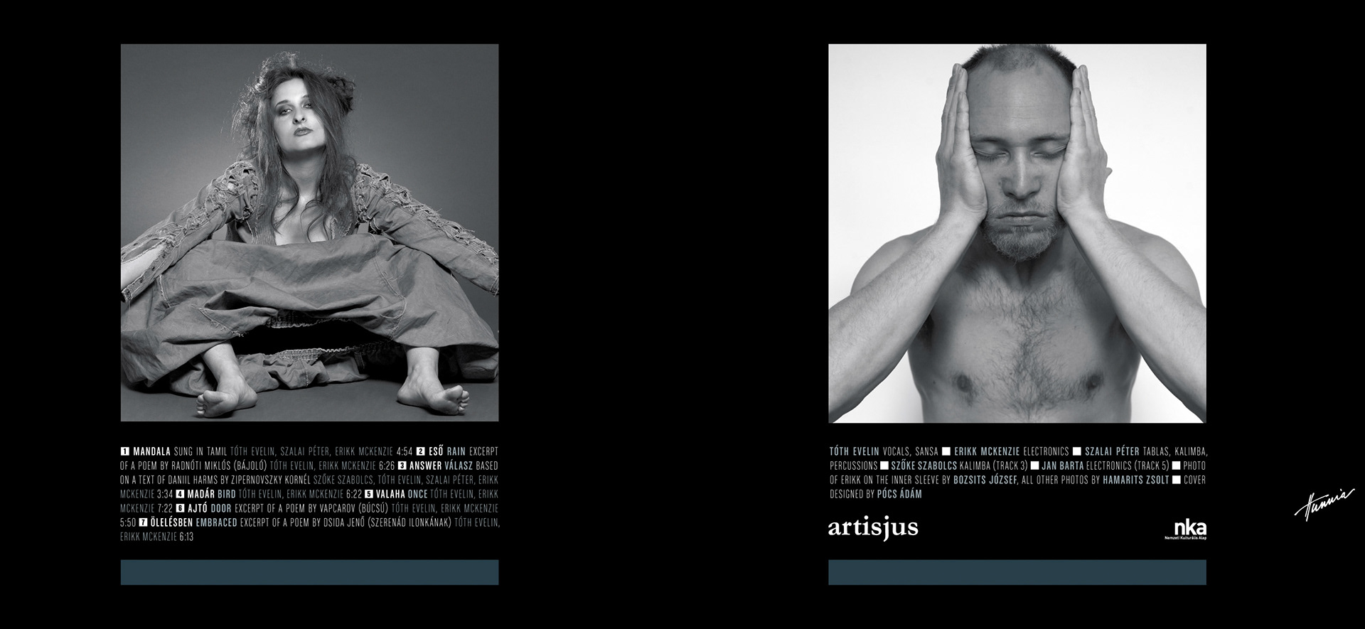 Layout of the cover when the front page is opened. Part of project “Embraced” [RJ 0019]: CD cover art and inlay design of an experimental electronic/jazz album.