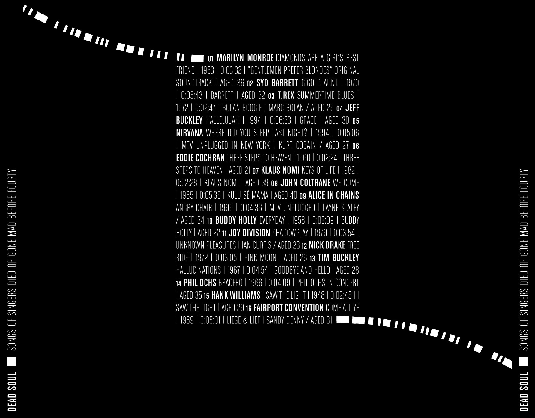 Back side of the CD booklet. Part of project “Dead Soul” [RJ 0008]: CD cover art and inlay design for a music compilation with singers died or gone mad before fourty.