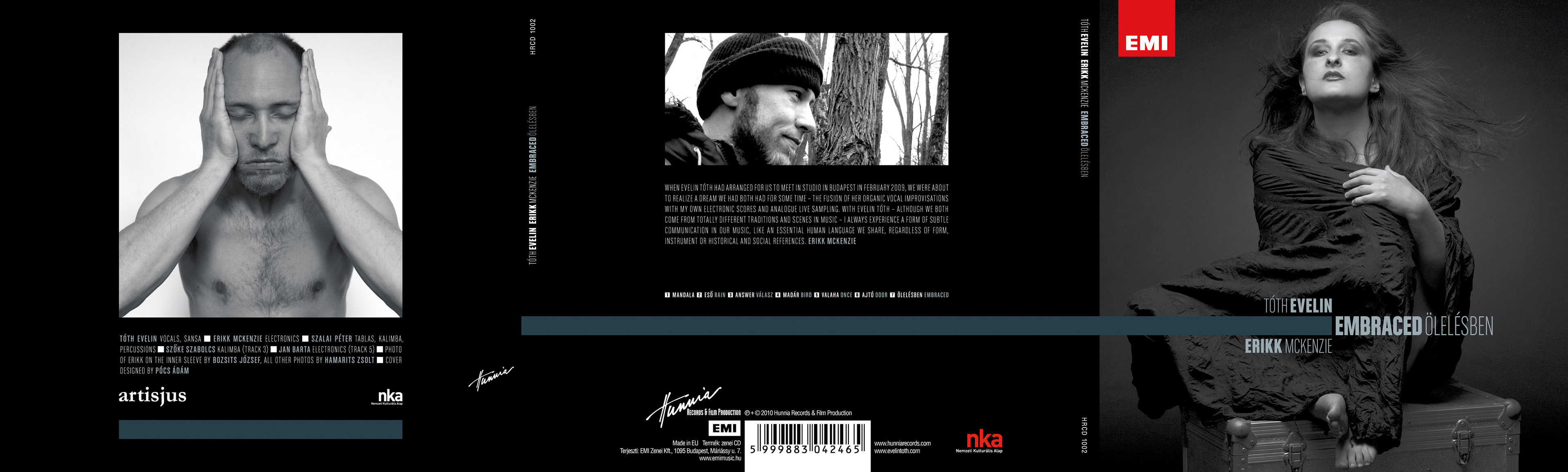 Layout of the cover from the backside when the front and folding pages are opened. Part of project “Embraced” [RJ 0019]: CD cover art and inlay design of an experimental electronic/jazz album.