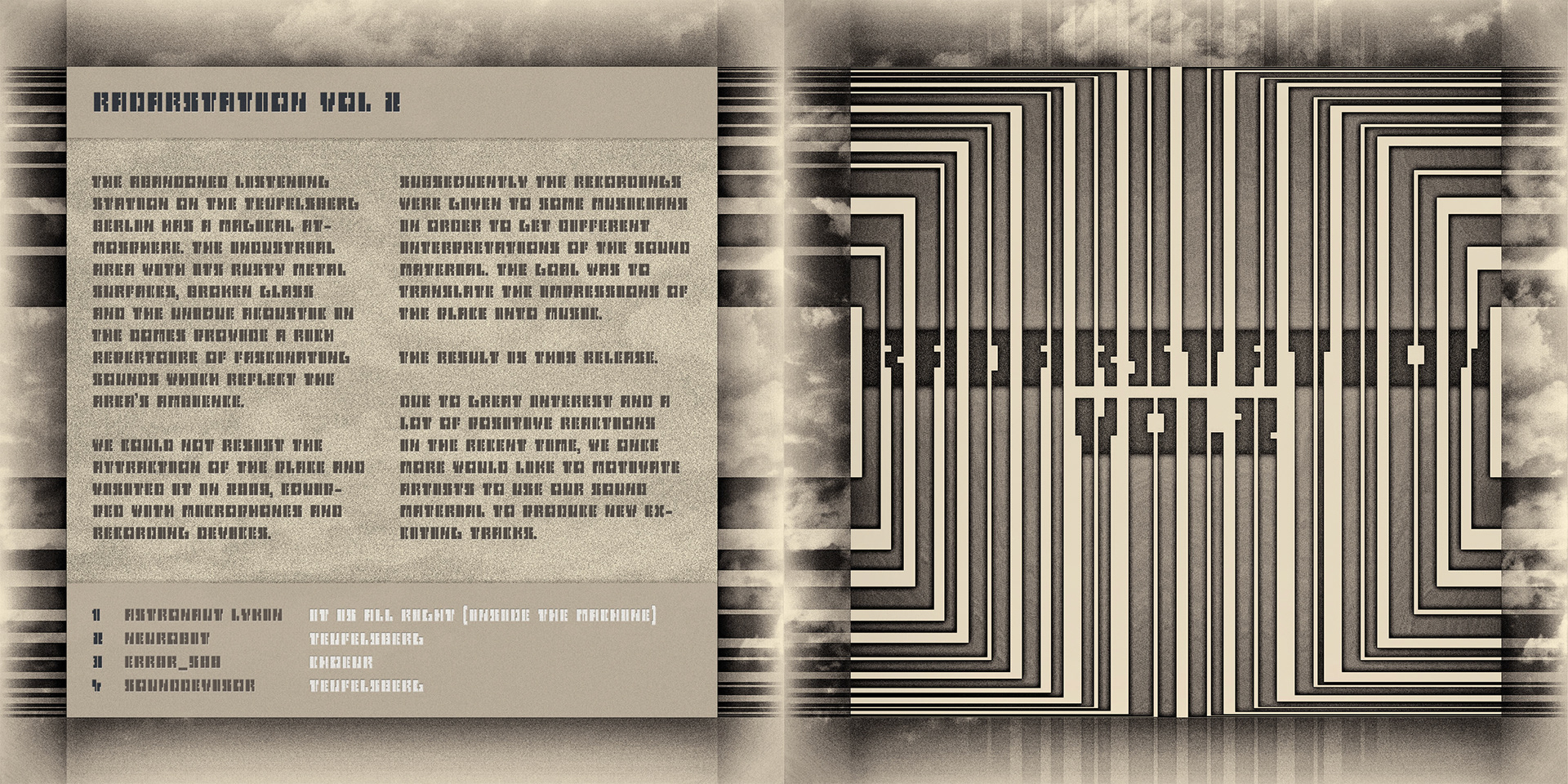 Front and back (first and last pages) of the PDF booklet. Part of project “Radarstation 2” [RJ 0049]: CD cover art and inlay design of an experimental electronic album.