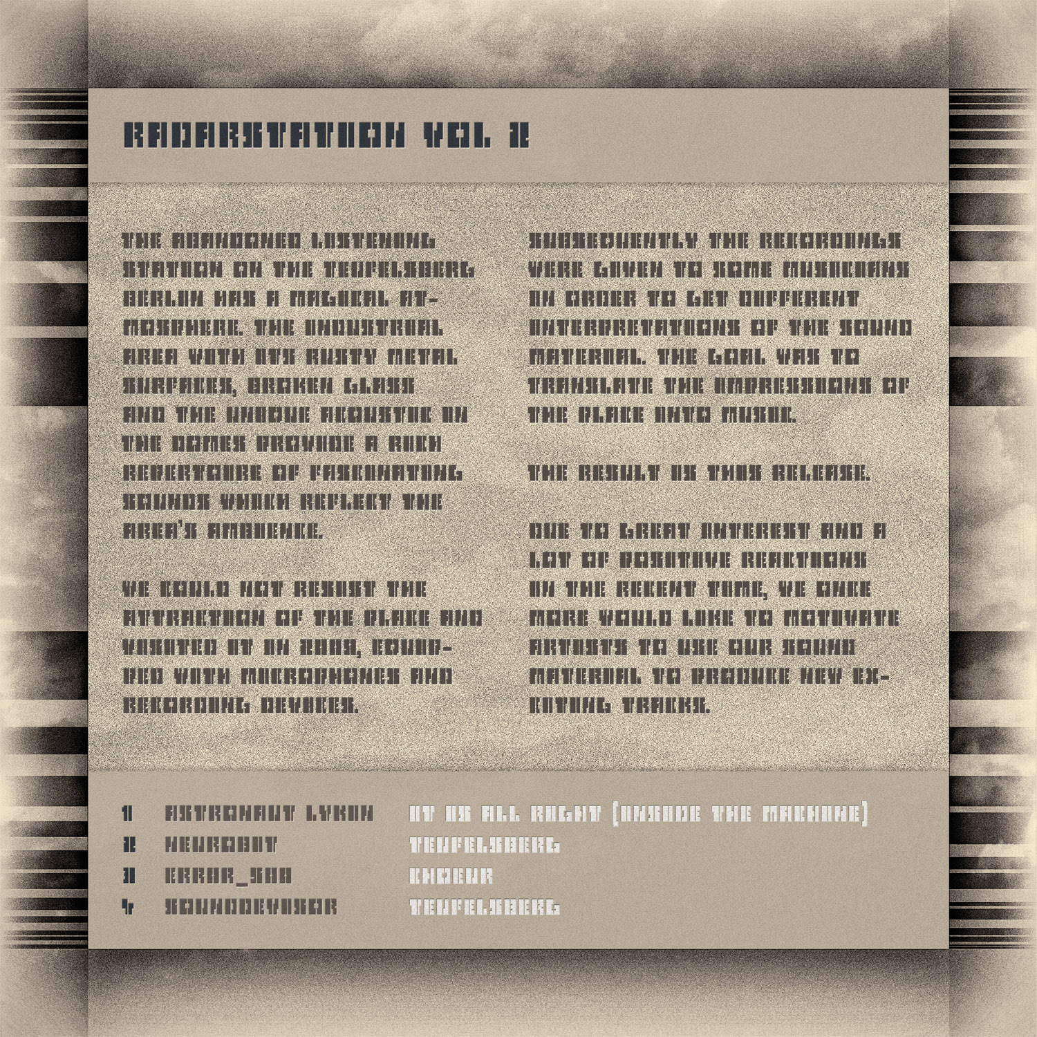 Back (last page) of the PDF booklet. Part of project “Radarstation 2” [RJ 0049]: CD cover art and inlay design of an experimental electronic album.