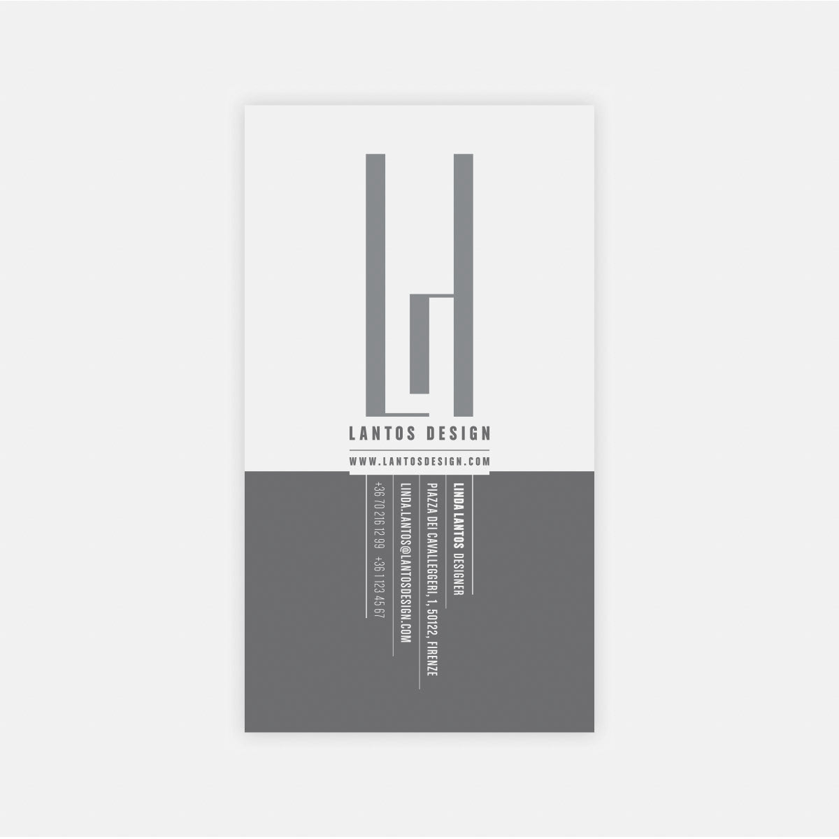 Calling card in grayscale. Part of project “Lantos Design” [RJ 0054]: Identity guide for Hungarian designer Linda Lantos.