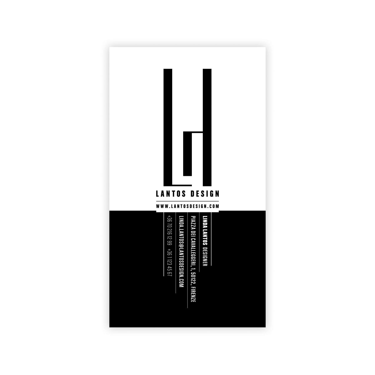 Calling card in black and white. Part of project “Lantos Design” [RJ 0054]: Identity guide for Hungarian designer Linda Lantos.