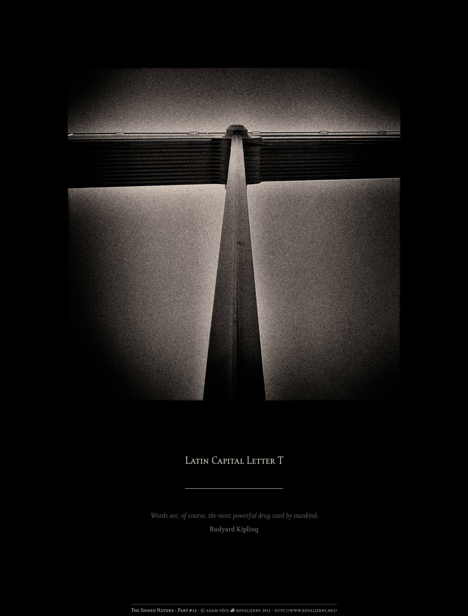 LATIN CAPITAL LETTER T [U+0054]. Part of project “The Signed Nature” [RJ 0036+]: Typographic poster designs with photos of letters.