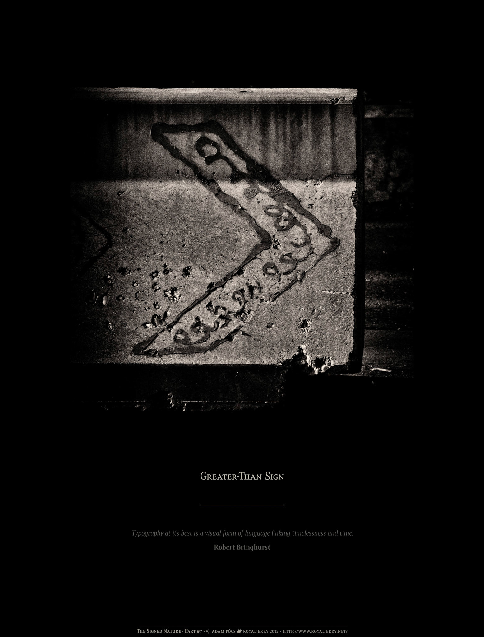 GREATER-THAN SIGN [U+003E]. Part of project “The Signed Nature” [RJ 0036+]: Typographic poster designs with photos of letters.
