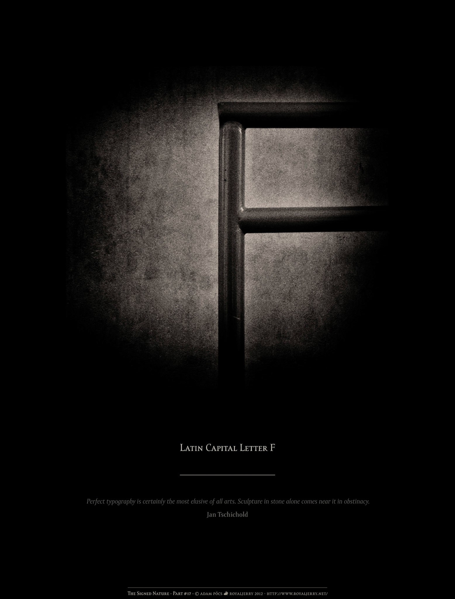 LATIN CAPITAL LETTER F [U+0046]. Part of project “The Signed Nature” [RJ 0036+]: Typographic poster designs with photos of letters.