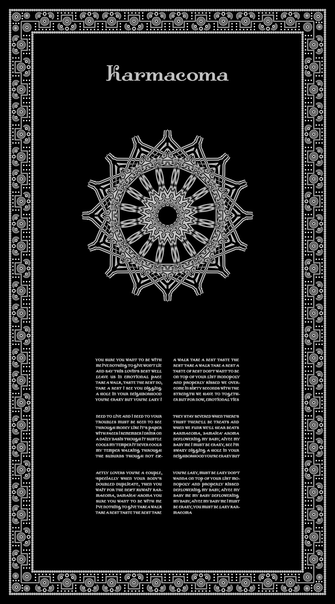 Karmacoma. Part of project “The Massive Transcription Project” [RJ 0023]: Poster designs with the lyrics of some Massive Attack songs.