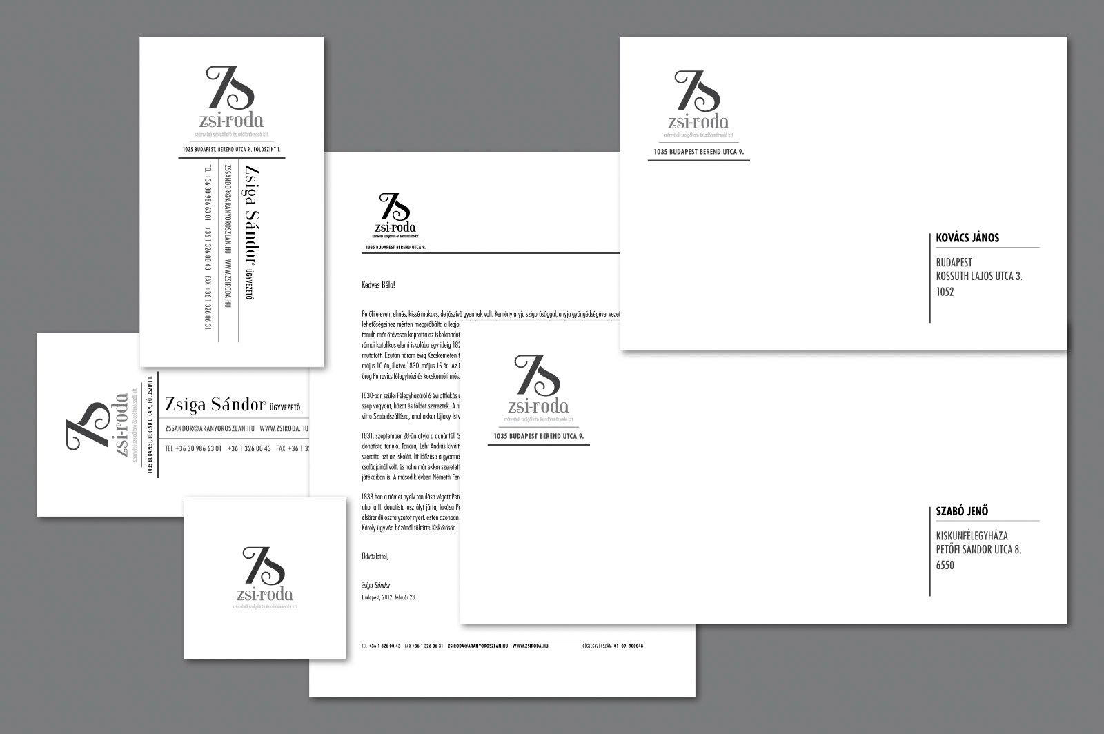 Full identity guide in grayscale (Positive version). Part of project “Zsi-Roda” [RJ 0041]: Identity guide for a small Hungarian company.