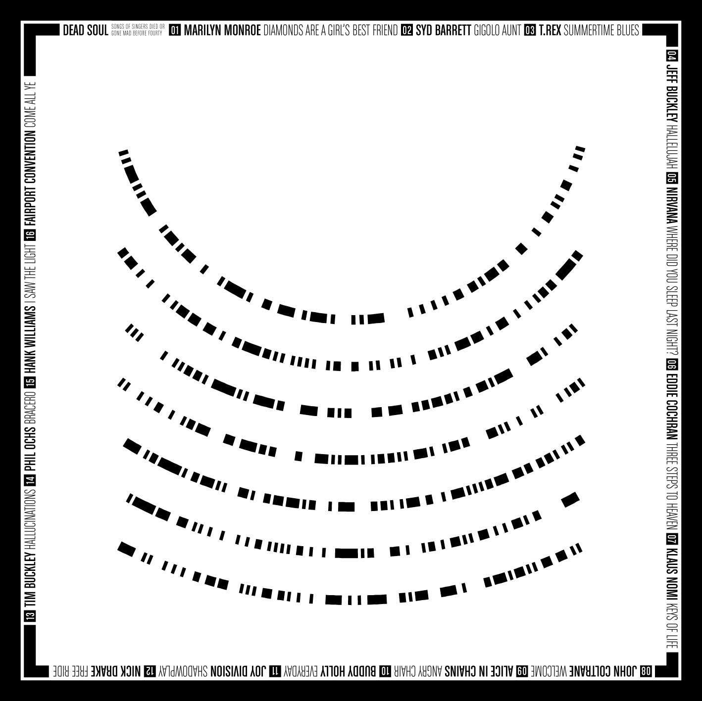 Inlay side of the CD booklet. Part of project “Dead Soul” [RJ 0008]: CD cover art and inlay design for a music compilation with singers died or gone mad before fourty.