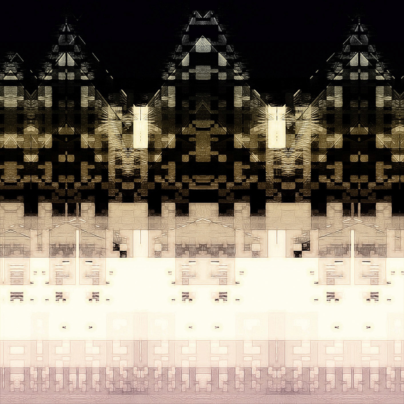 3 Houses by the Road. Part of project “Split” [RJ 0055]: Various graphics featuring vertical semi-reflection symmetries.