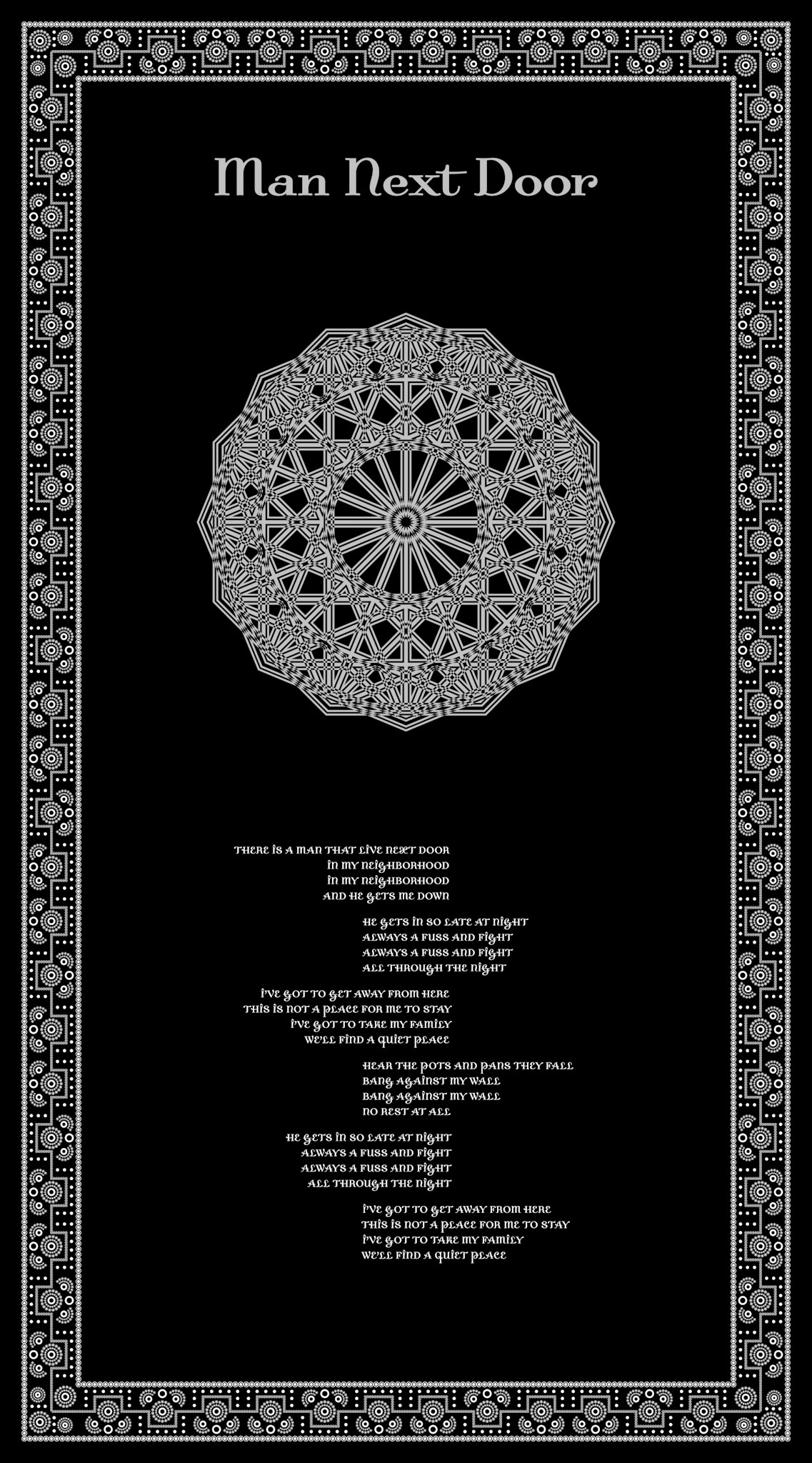 Man Next Door. Part of project “The Massive Transcription Project” [RJ 0023]: Poster designs with the lyrics of some Massive Attack songs.