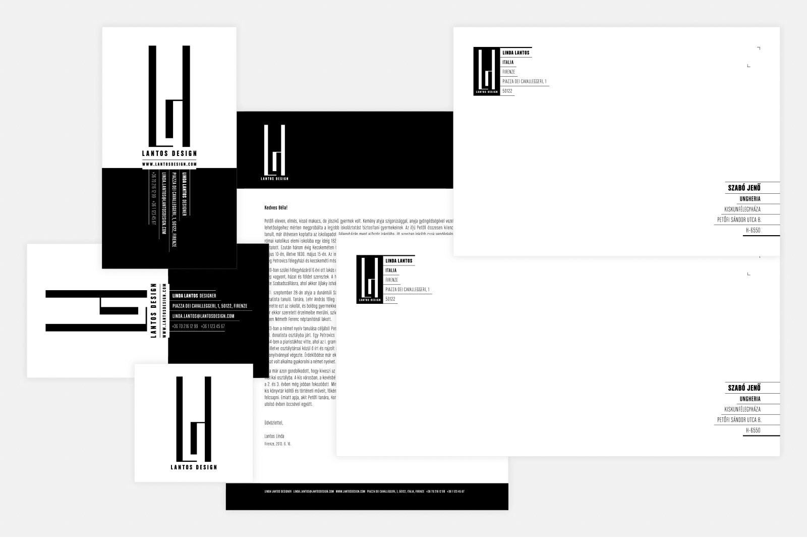 Full identity guide in black and white. Part of project “Lantos Design” [RJ 0054]: Identity guide for Hungarian designer Linda Lantos.