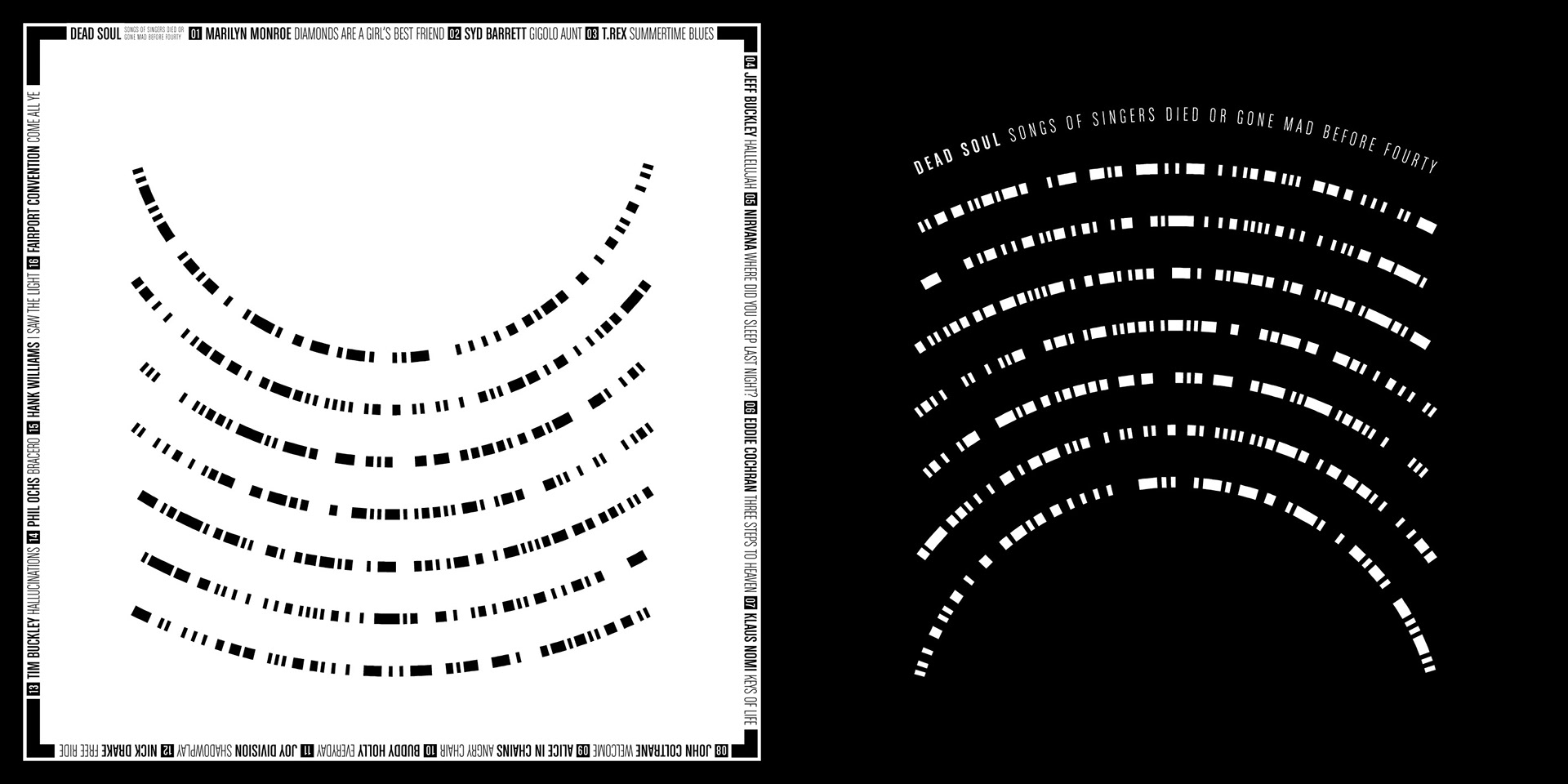 Front and inlay sides of the CD booklet. Part of project “Dead Soul” [RJ 0008]: CD cover art and inlay design for a music compilation with singers died or gone mad before fourty.