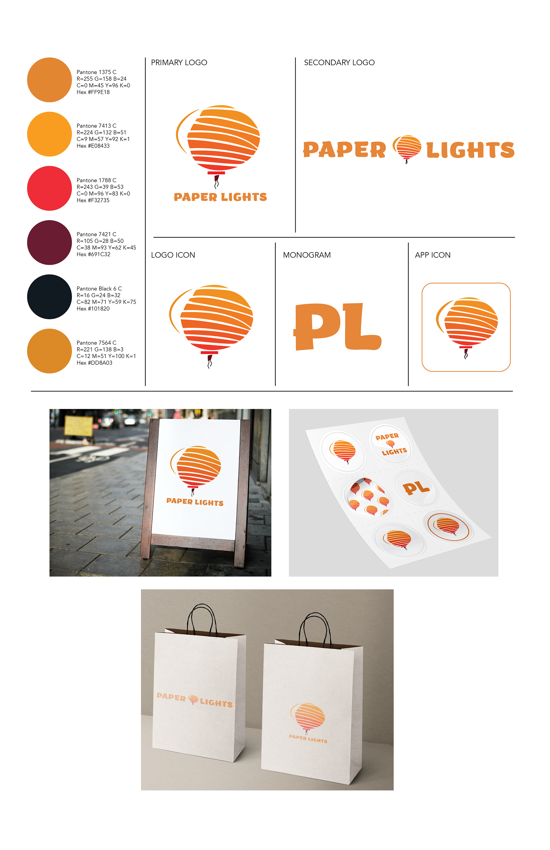 Brand kit for Paper Lights. It displays the Pantone colors, RGB, CMYK, and Hex colors in one column. Next to it is an array of images for the primary logo, secondary logo, logo icon, monogram, and app icon. Under the collection is a mockup of the logo on a sign, in a sheet of stickers, and
