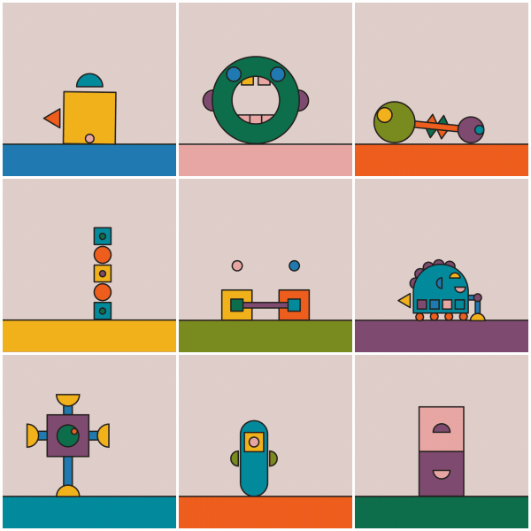 9 animated geometric robot shapes moving along.