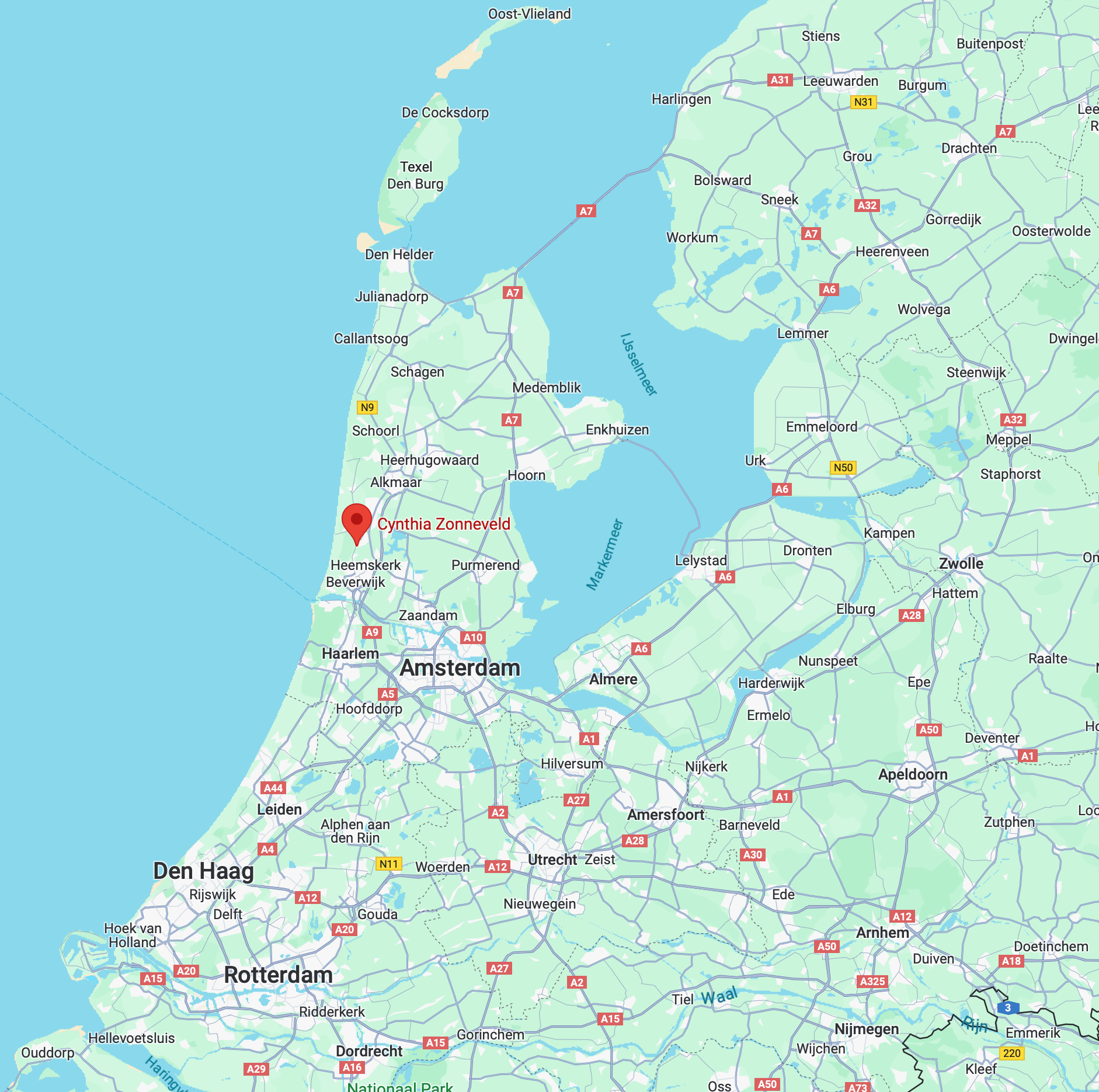 kaart van Nederland met daarop waar Cynthia Zonneveld gevestigd is in Castricum