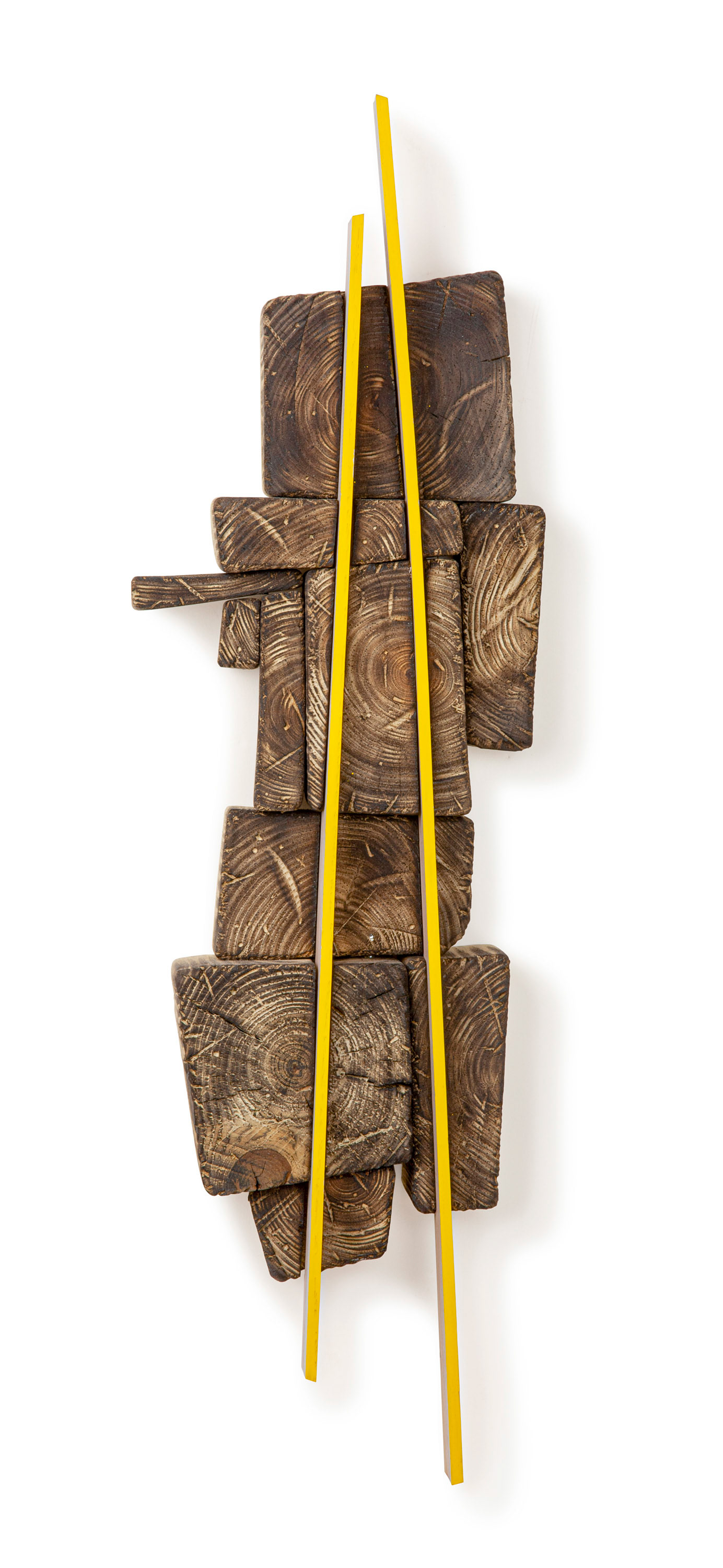 Two Ways Through This  (2020, burnt wood, paint, 30” x 9” x 4”)