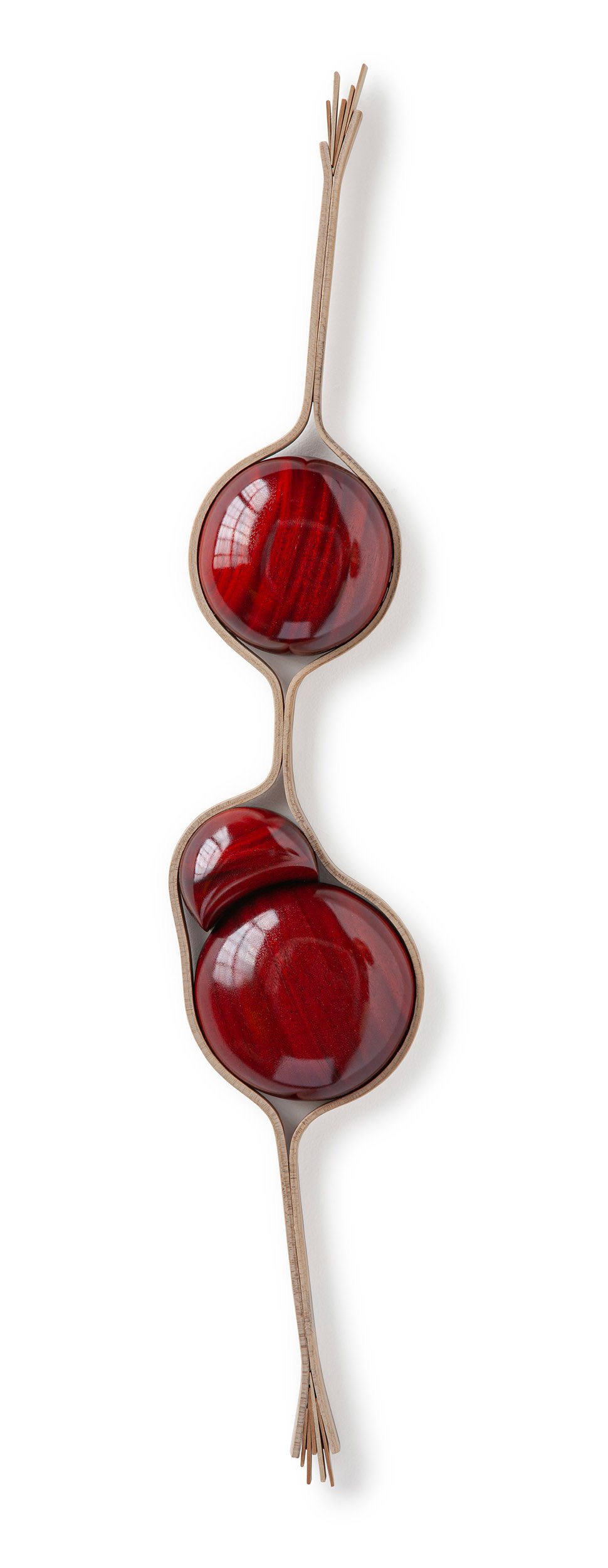 Juiceberries (2025, carved, dyed and bent woods, 43" x 8" x 3")