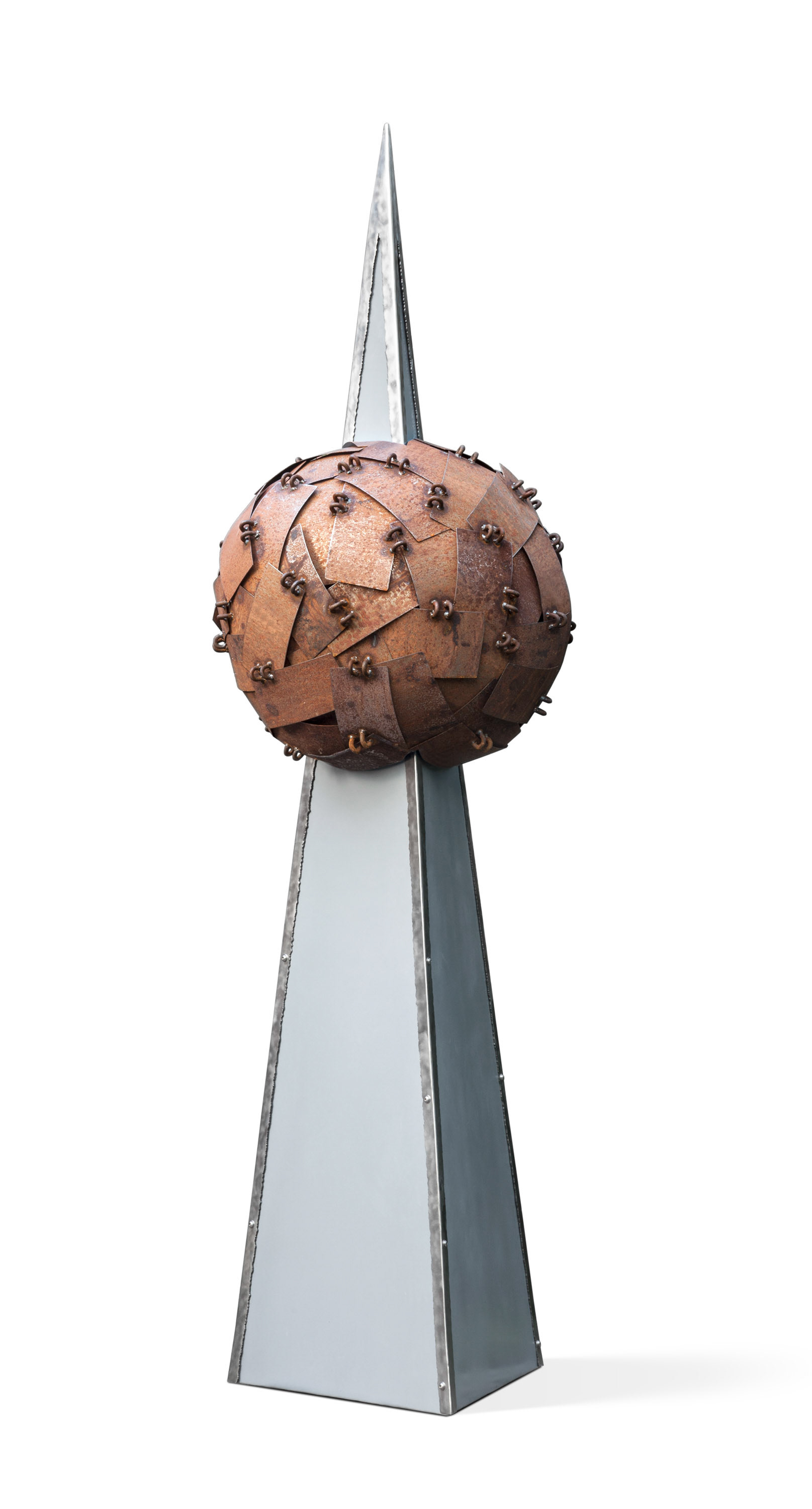 Apology to a Planet  (2014, 3’ x 3’ x 9’, steel, stainless steel, powdercoat paint)