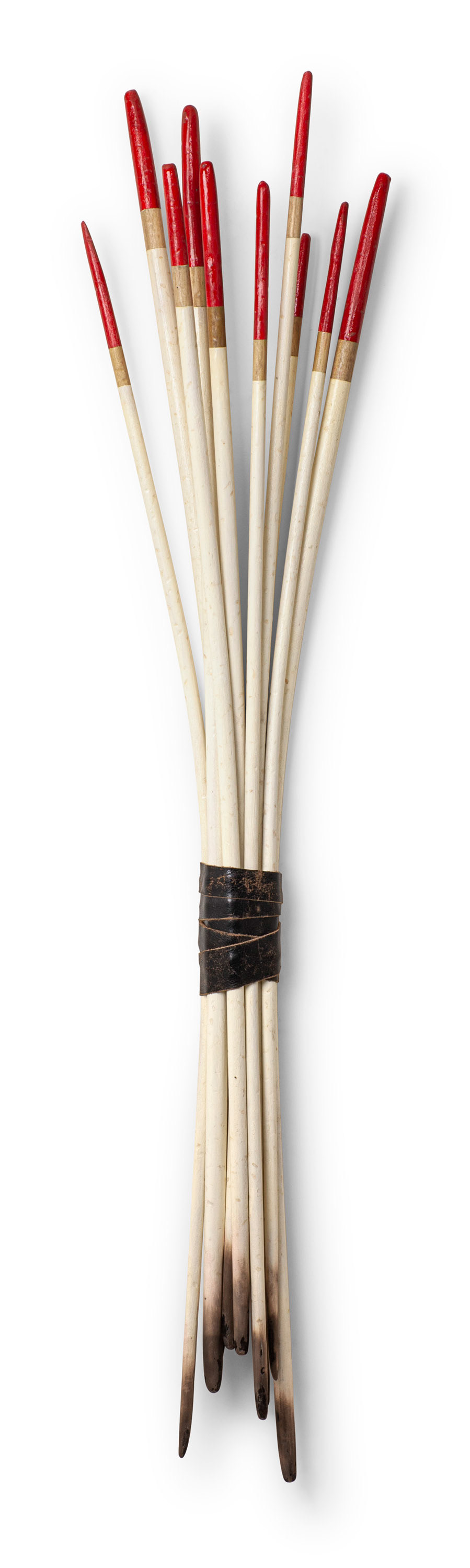 Bouquet for a Broken Man (SOLD) (2020, bent and burnt wood, paint and leather, 52” x 11” x 5”)