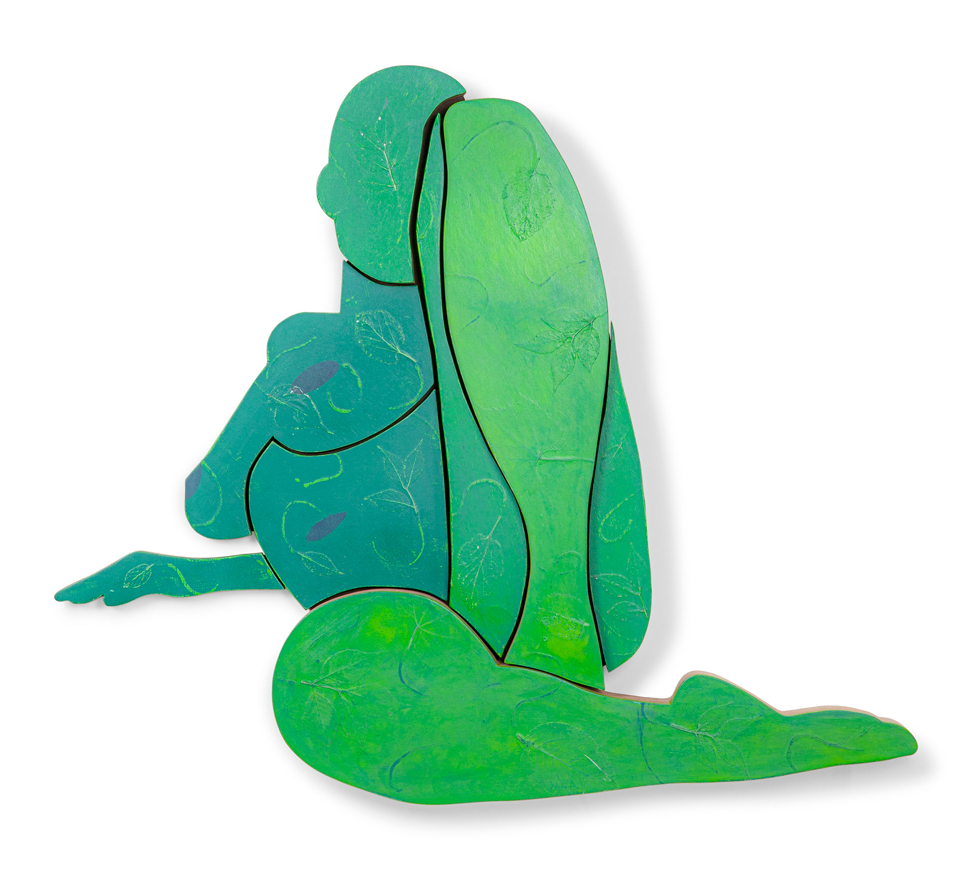 Spring Dream  (2021, plywood, paint and leaves, 33” x 39” x 3”)