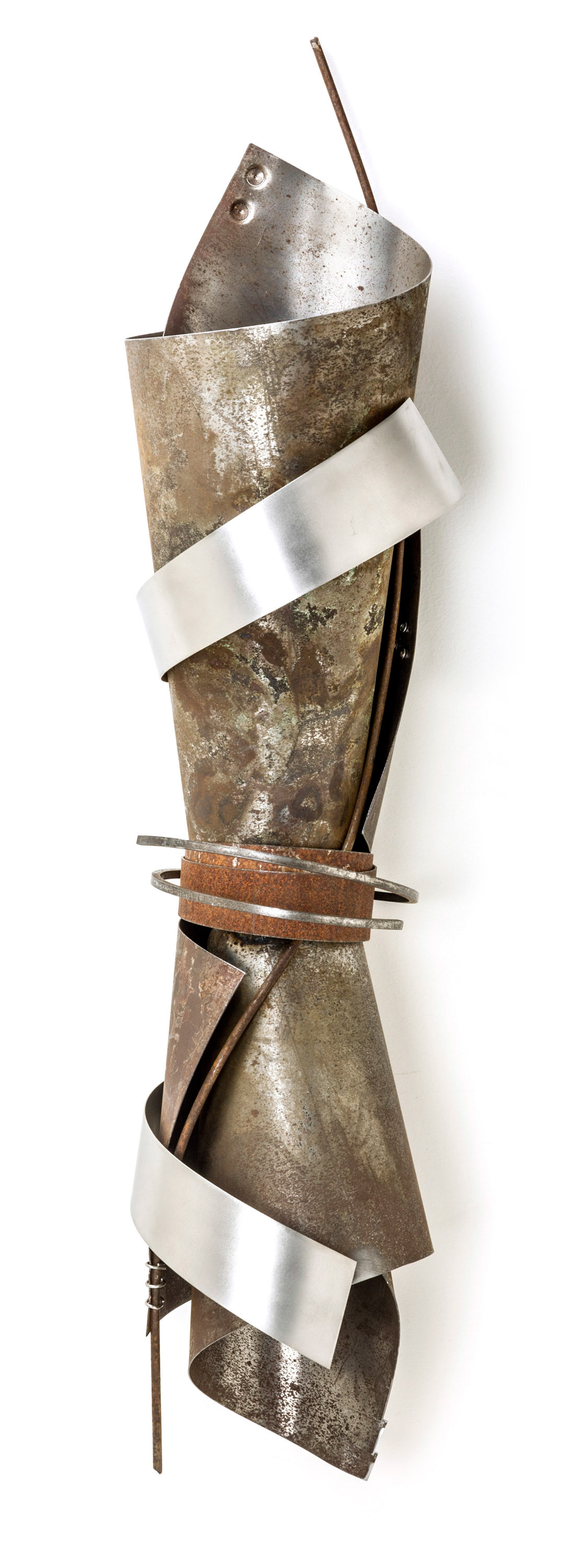 Improvisation 4  (SOLD) (2014, reclaimed steel, stainless steel, 7” x 7” x 29”)