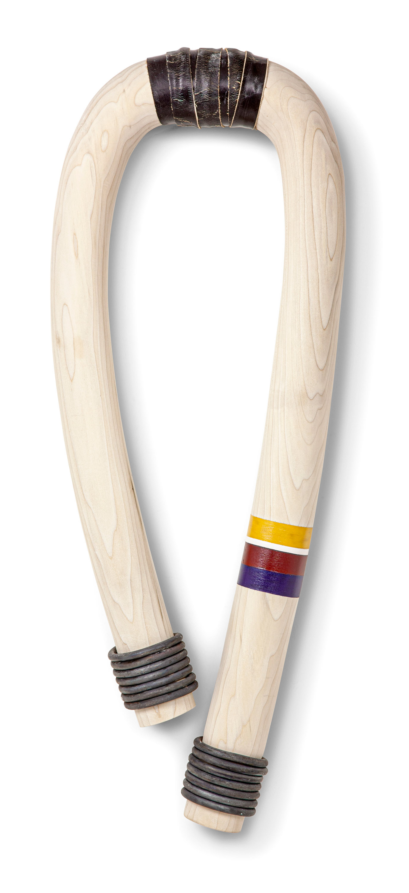 With Honors  (2020, wood, steel, reclaimed leather and paint, 36” x 14” x 4”)