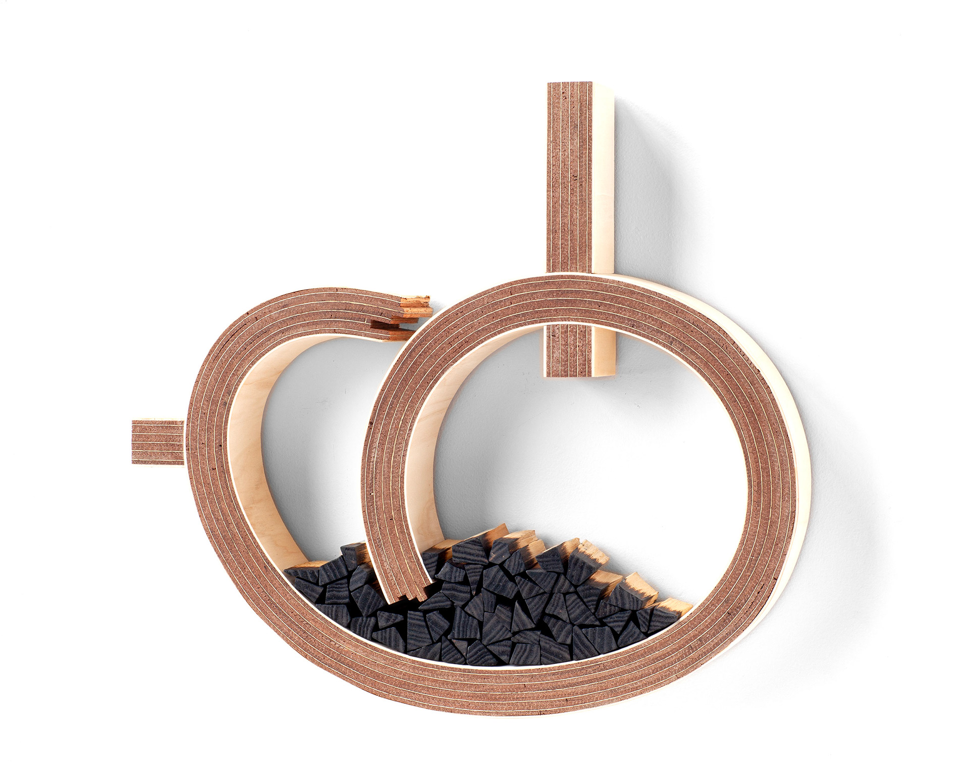 I Turn Inward (2026, bent, laminated and burnt wood, 30" x 29" x 3")