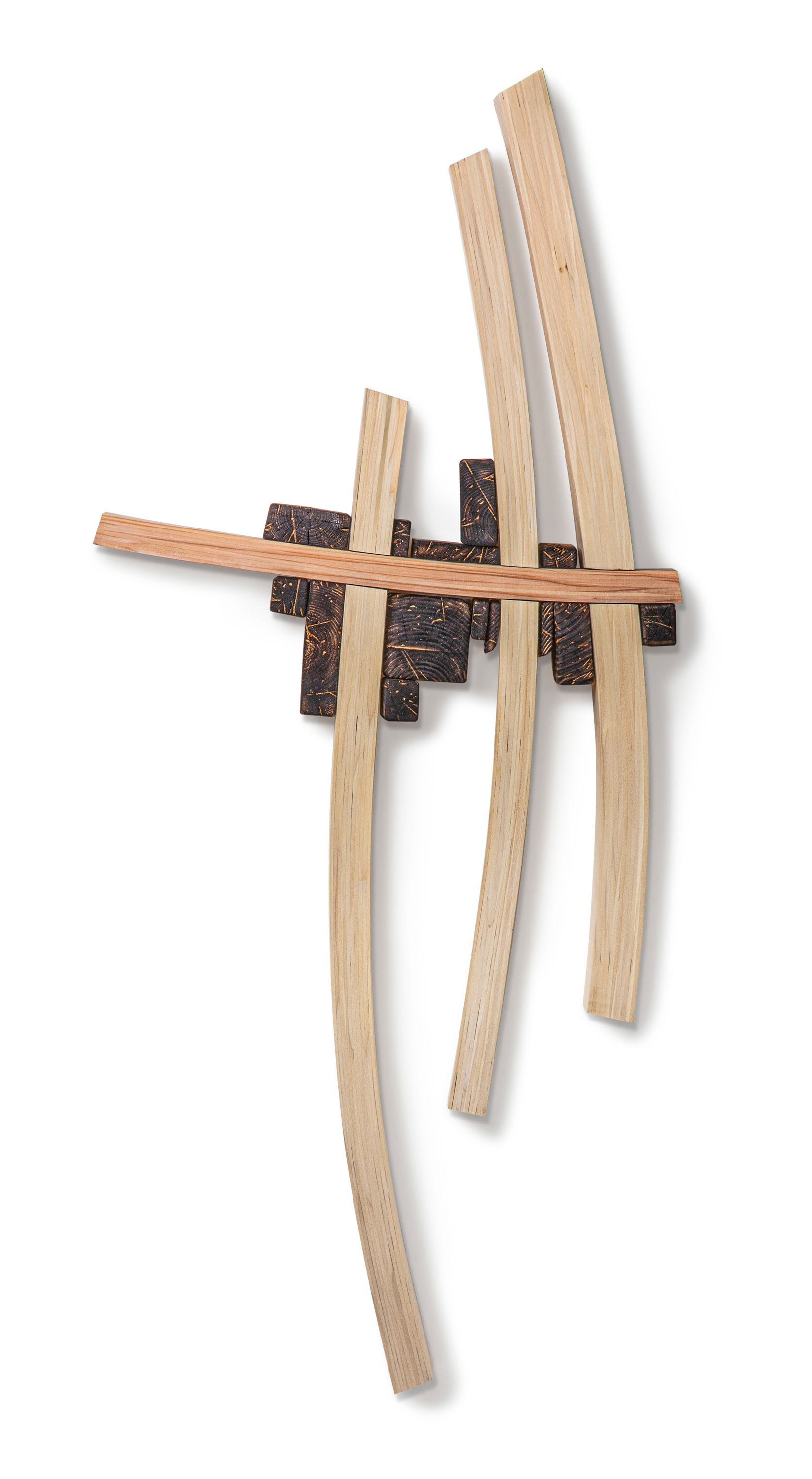 Crossroads  (2020, laminated and burnt wood, 53” x 24” x 3”)