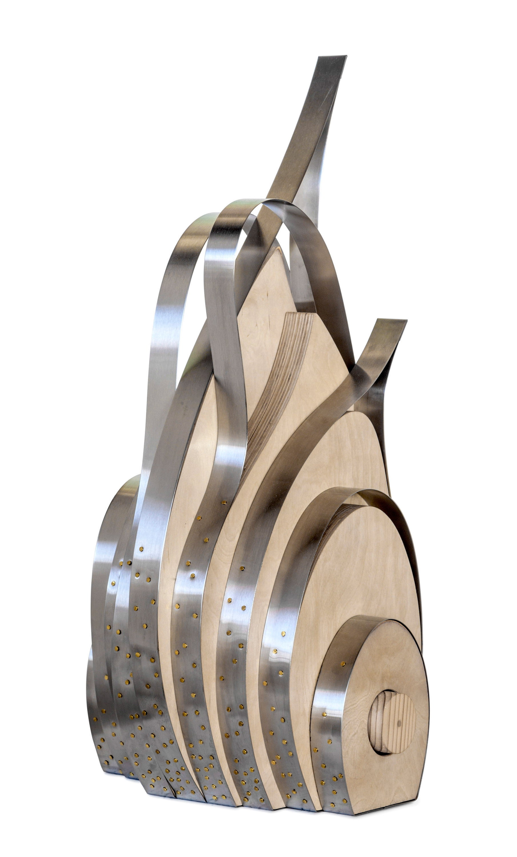 Lux Aurumque  (2016, inspired by Eric Whitacre, plywood, stainless steel and brass tacks, 30” x 18” x 15”)