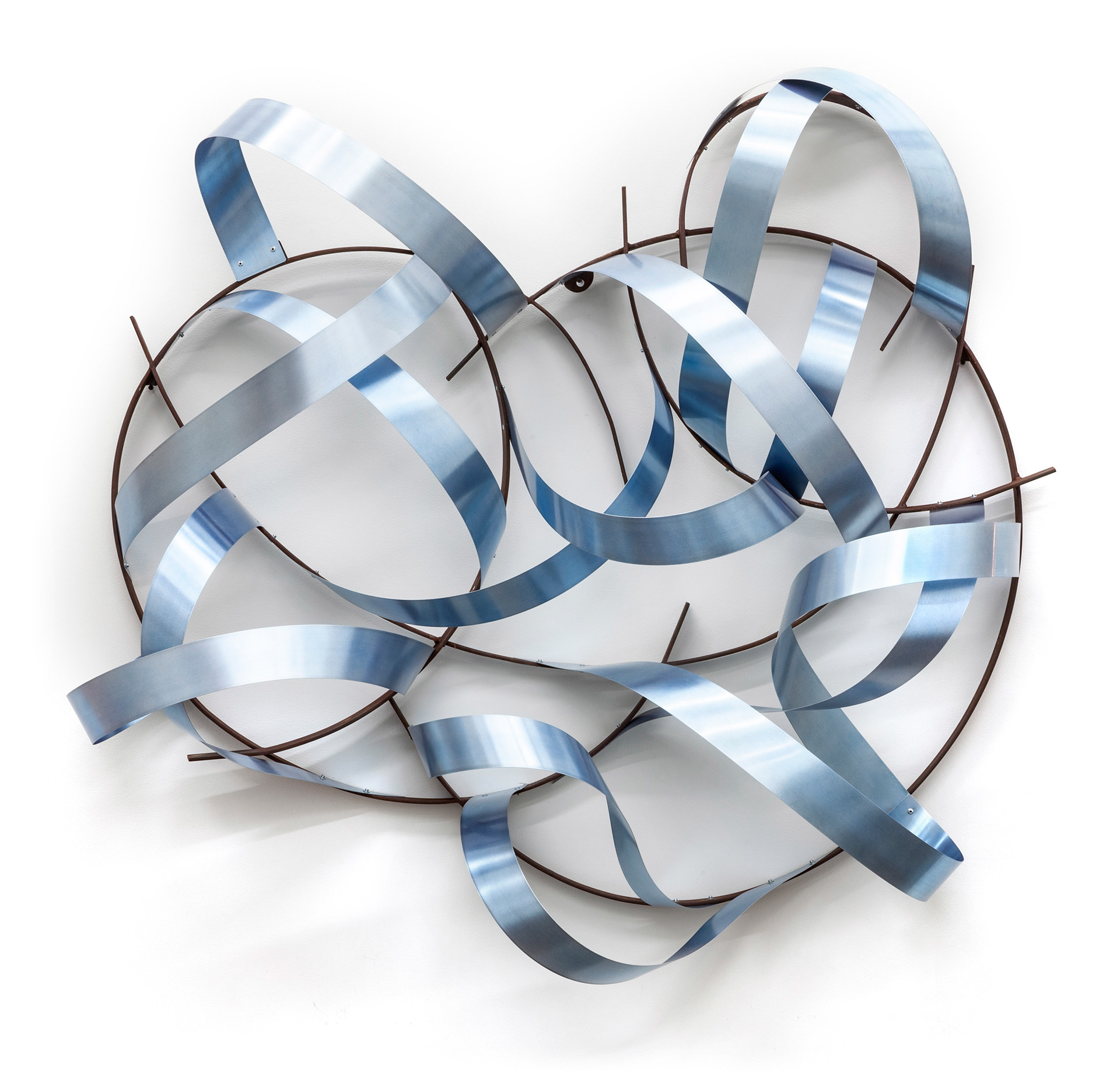 Brainstorm in Bluish (2019, steel, aluminum, tinted lacquer, 67” x 54” x 21”)