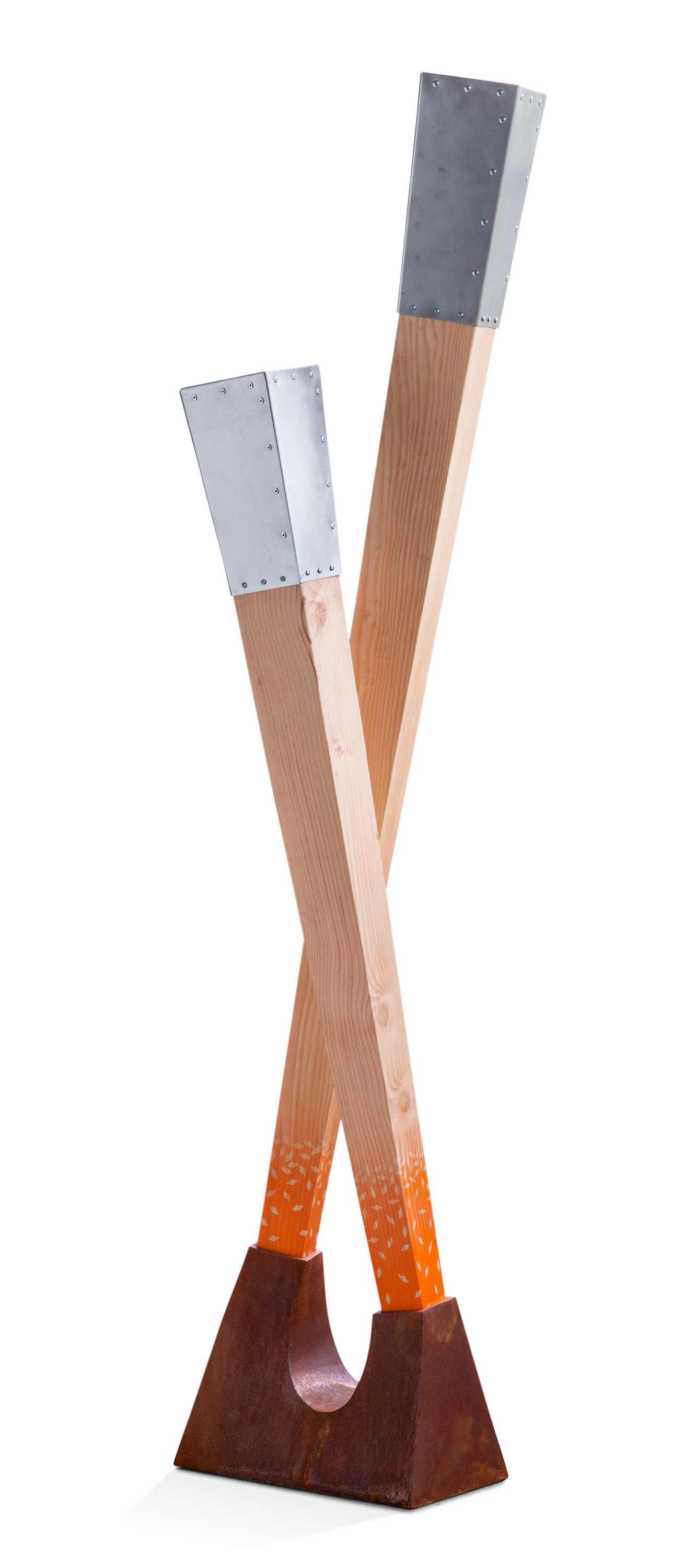 Duel (SOLD) (2018, wood, steel, paint, 90” x 28” x 28”)