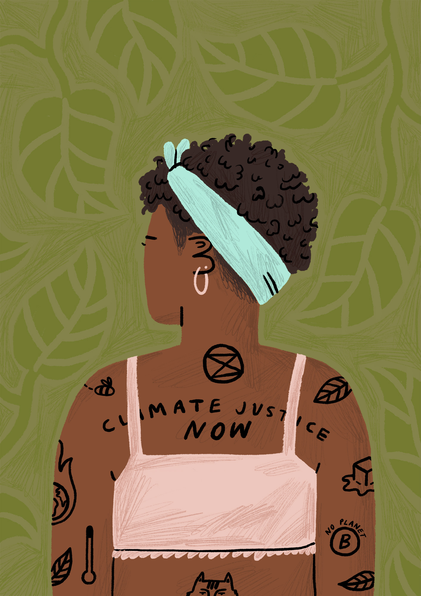 Digital portrait illustration of a black women with climate change tattoos by Ellie Wilkinson