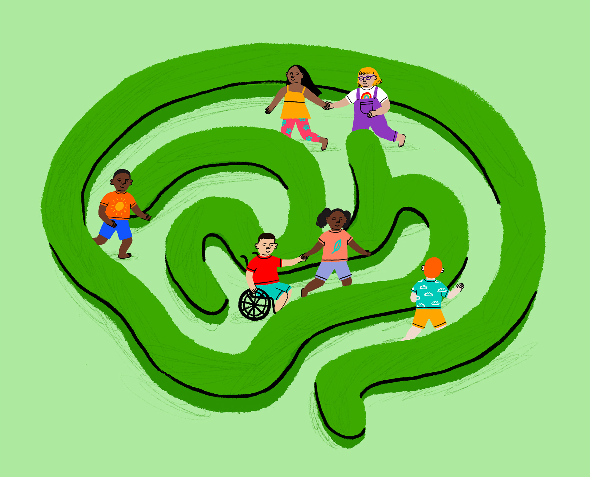 An illustration showing children playing in a brain shaped maze by Ellie Wilkinson