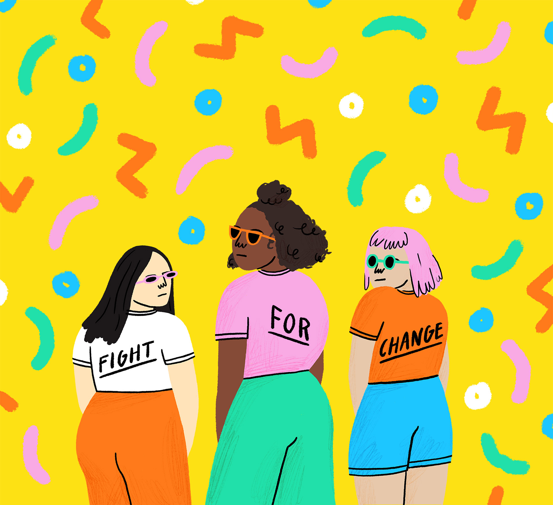 Illustration of three women wearing the slogan 'fight for change' on their t-shirts, by Ellie Wilkinson