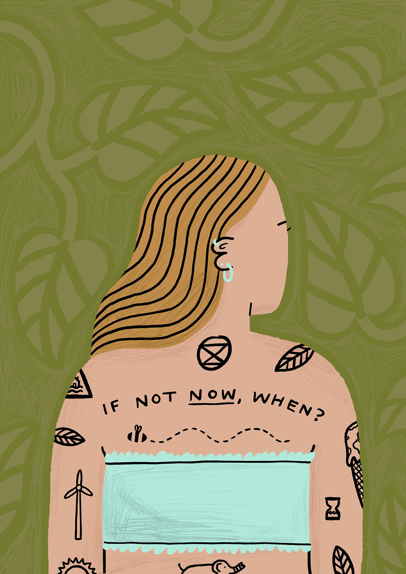 Digital portrait illustration of a white women with climate change tattoos by Ellie Wilkinson