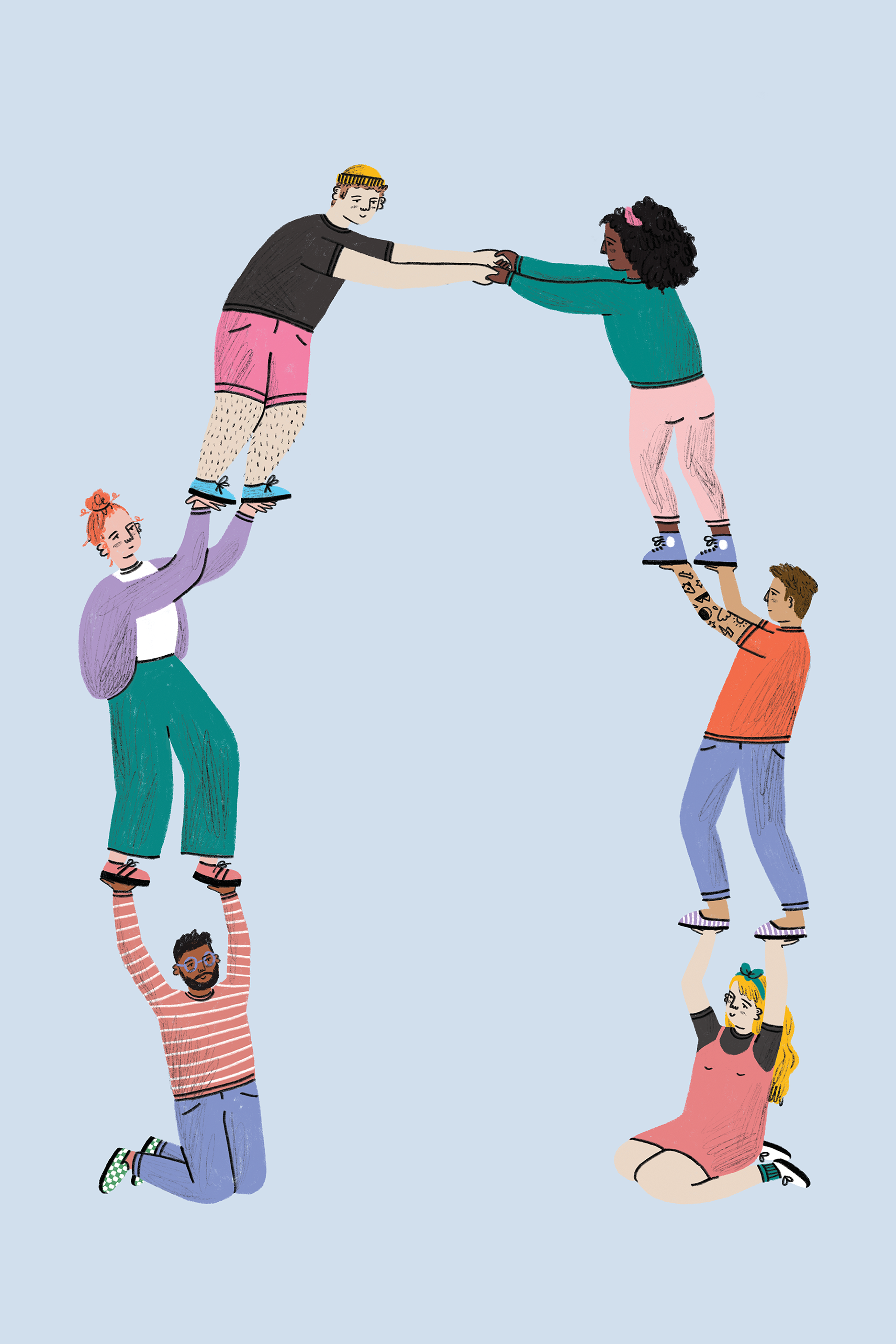 Illustration of friends holding each other up by Ellie Wilkinson