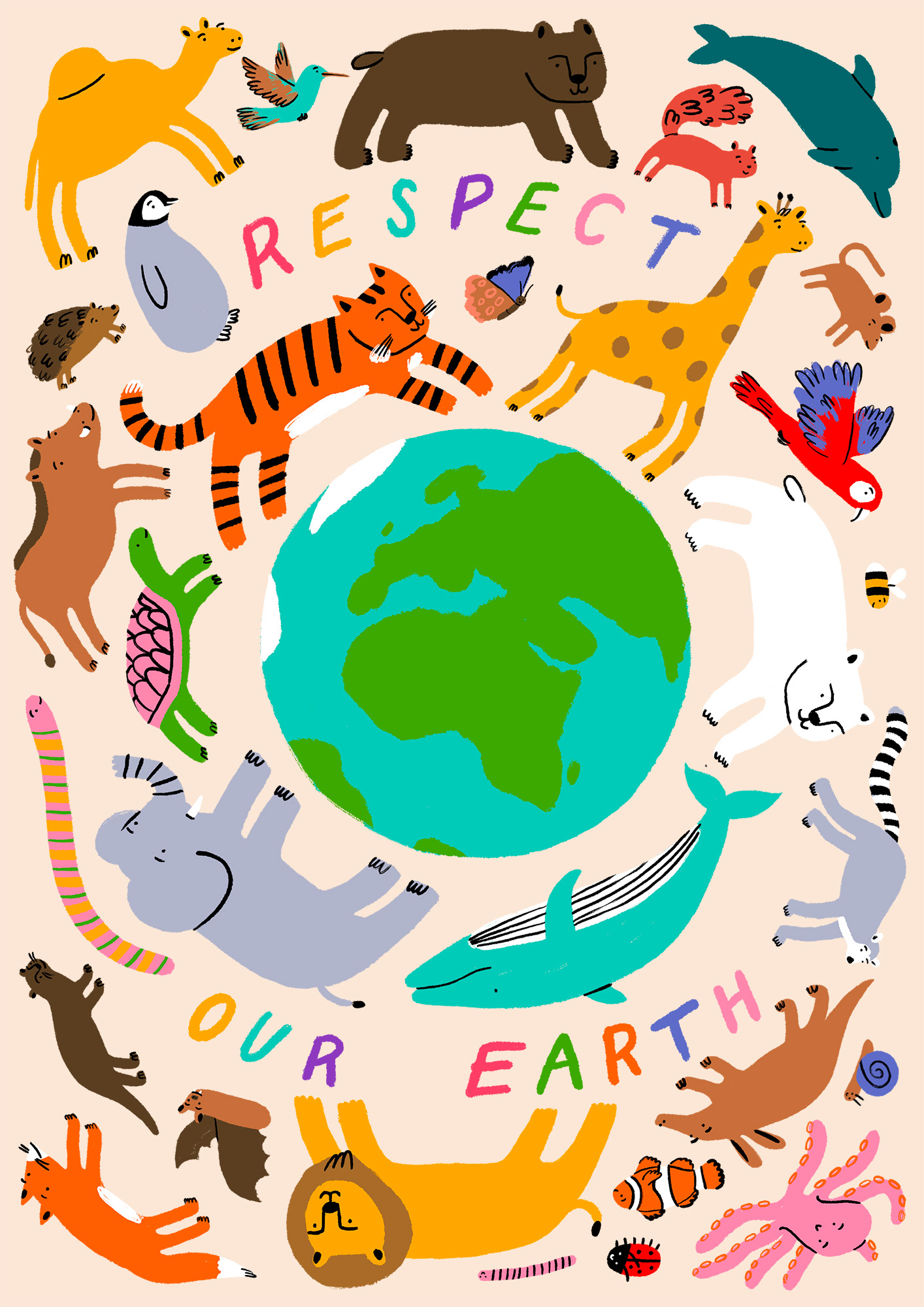 'Respect our Earth'. Illustration of the world surrounded by different animals, by Ellie Wilkinson