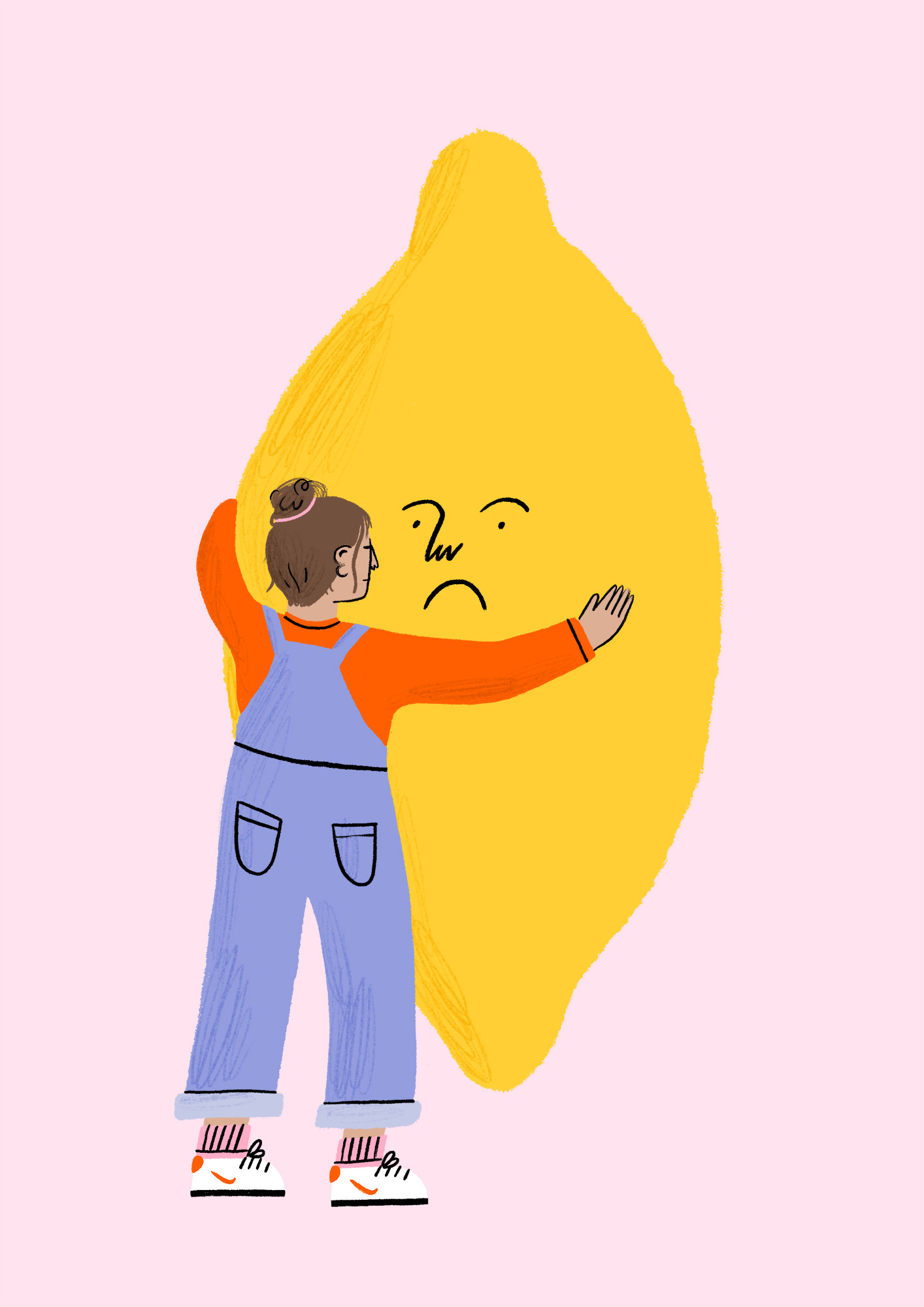 Illustration of a woman hugging a sad lemon by Ellie Wilkinson
