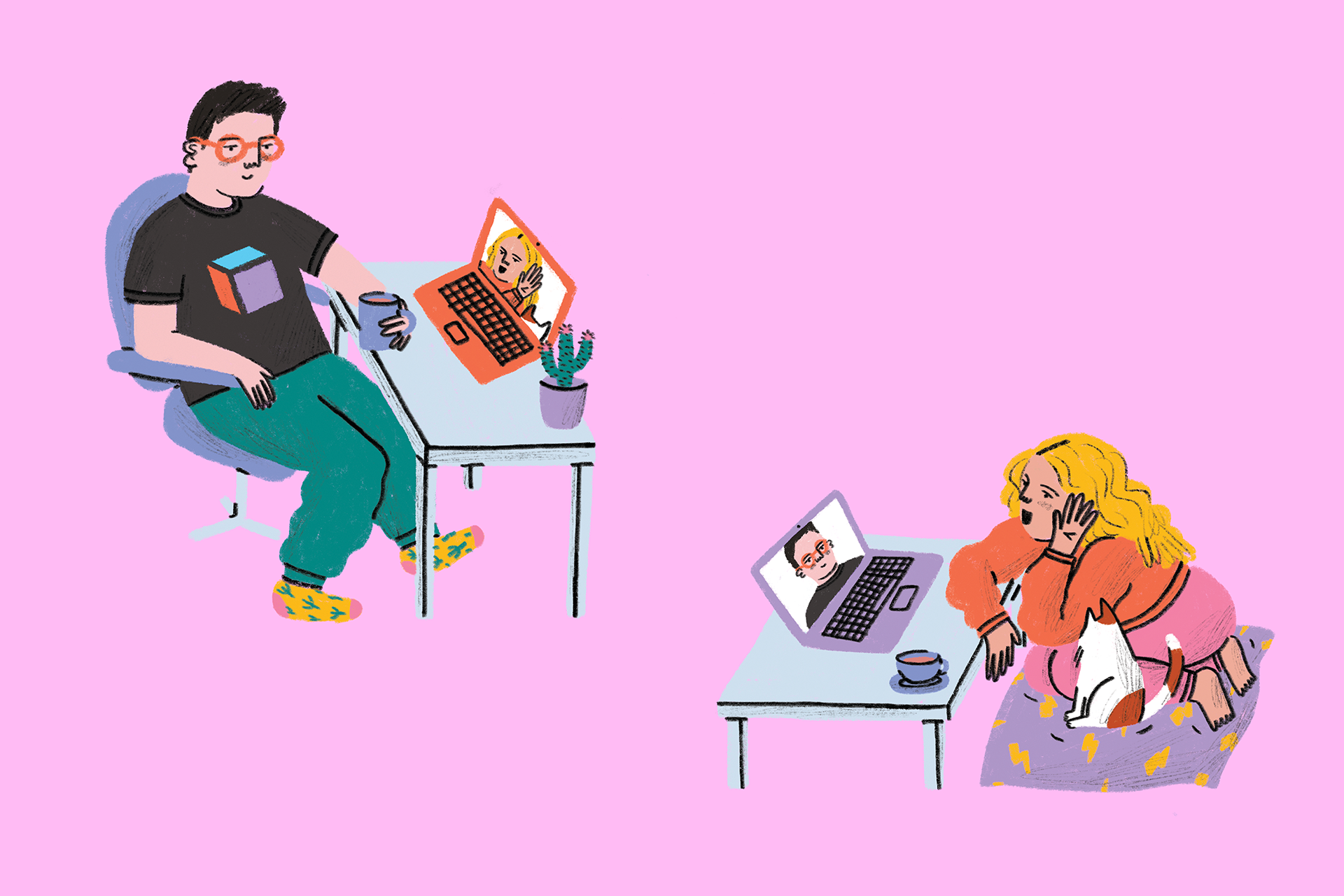Illustration of a man and woman video calling each other by Ellie Wilkinson