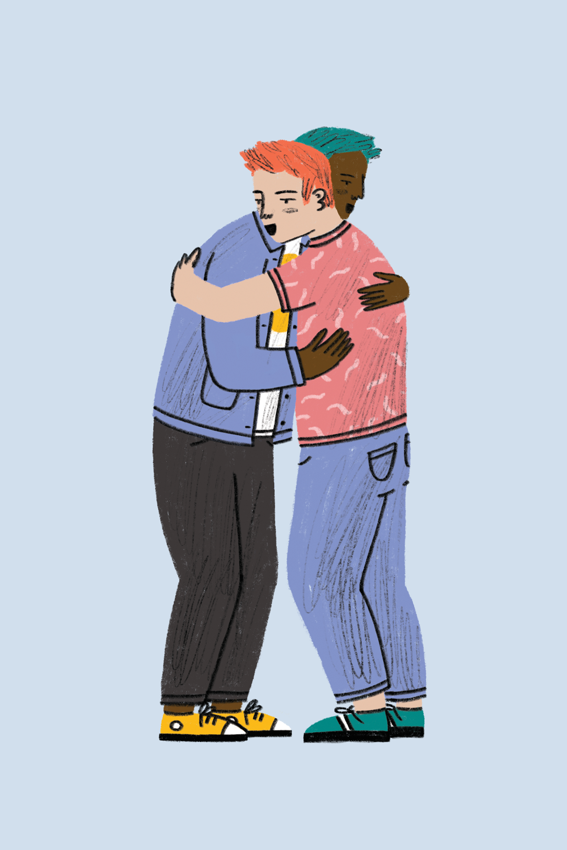 Illustration showing two men in a bro hug by Ellie Wilkinson