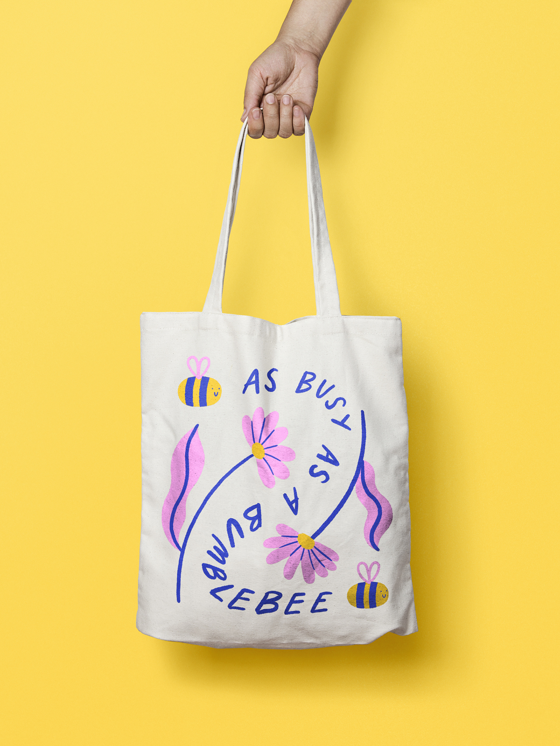 Tote bag with a bumble bee and flower design by Ellie Wilkinson